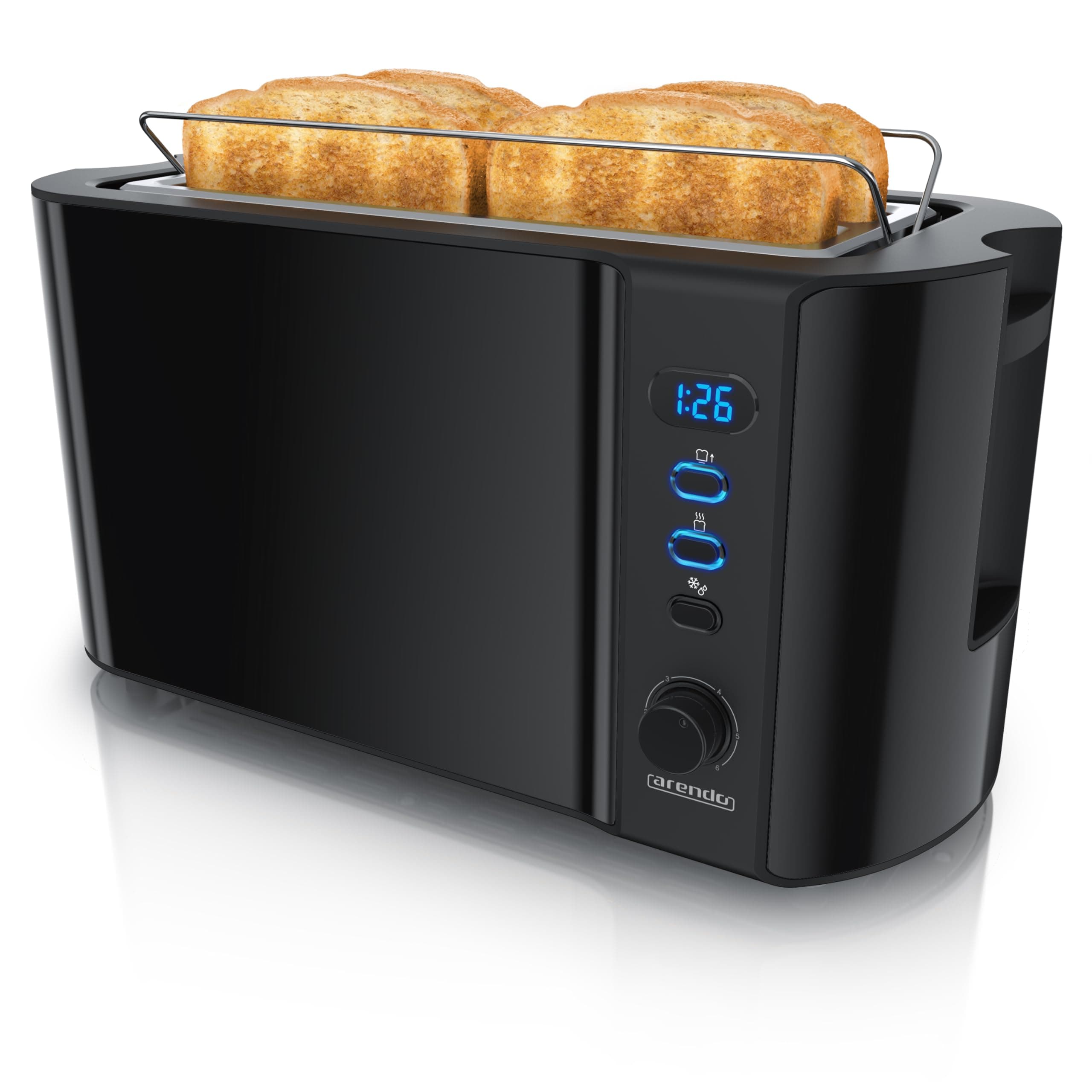 Arendo - Edelstahl Toaster Langschlitz 4 Scheiben - Defrost Funktion - wärmeisolierendes Gehäuse - mit integriertem Brötchenaufsatz - Krümelschublade - Display Restzeitanzeige - Klavierlack schwarz
