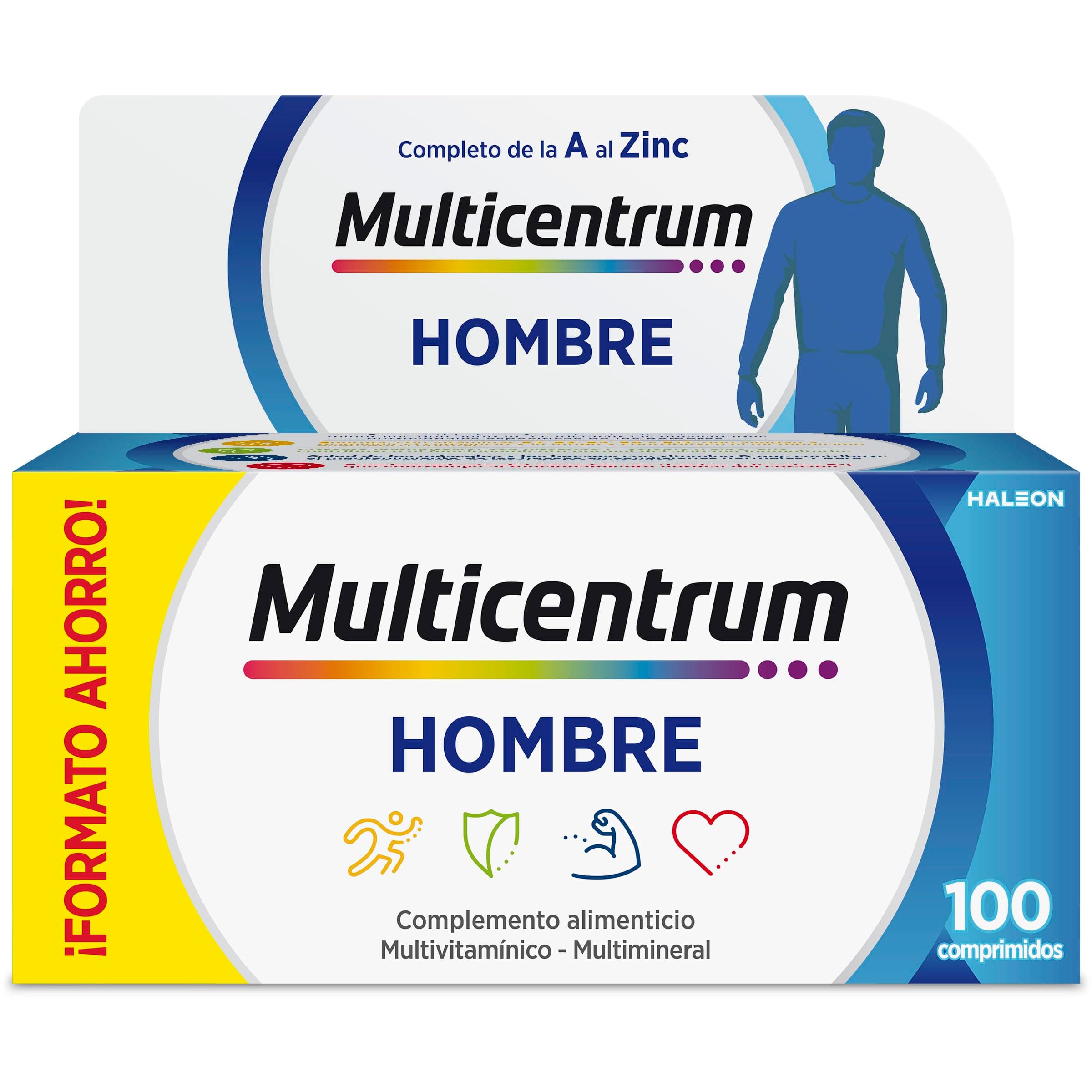 Multicentrum Hombre Complemento Alimenticio Multivitamínico y Multimineral Para Hombres, Con Vitamina C y D, Sin Gluten, 100 Comprimidos