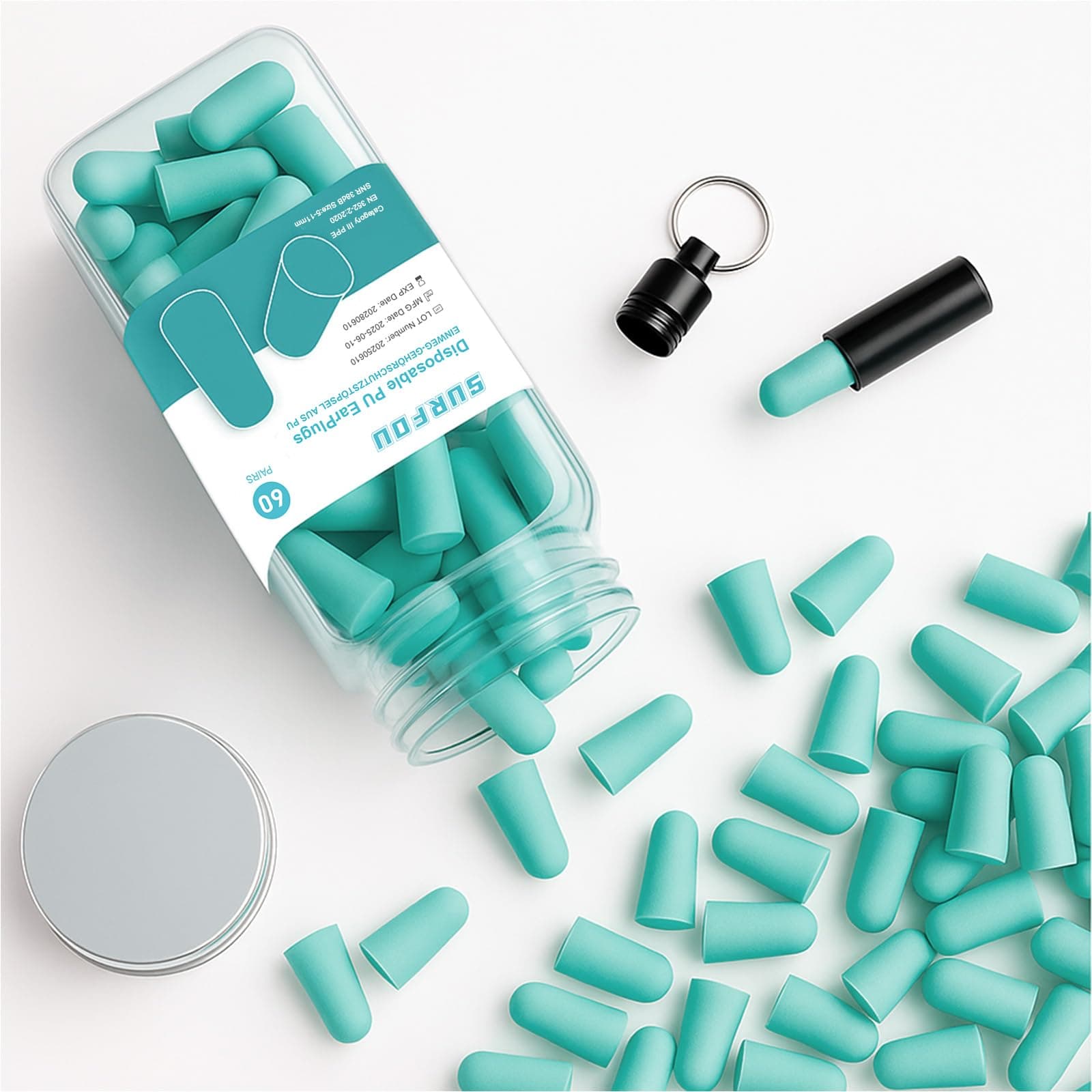 SURFOU Tapones Oidos Ruido Dormir, 60 Pares, Reducción 38 dB, Reutilizables y Ultra Suaves, Ideales para Personas que Duermen de Lado, Viajes, Casa y Estudio, Turquesa