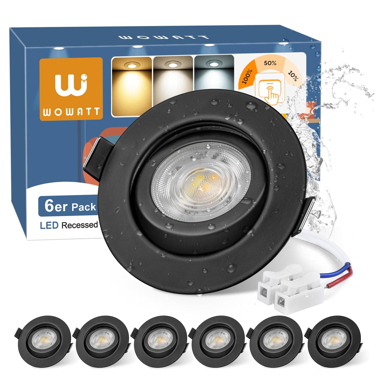 wowatt Lot de 6 Spot LED Encastrable Noir Dimmable, 6W 640LM Spot LED Orientable 68mm-75mm Découpe, Blanc Chaud 3000K Blanc Neutre 4000K Blanc Froid 6000K Réglable, IP44 Spot Salle de Bain Extra Plat