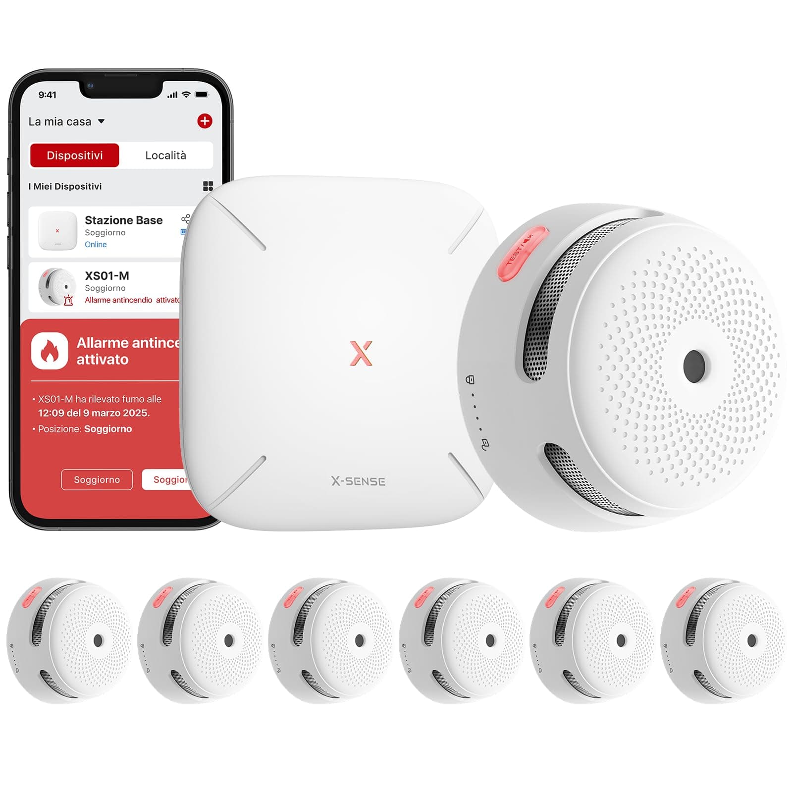 X-Sense Rilevatori di Fumo Intelligenti con Stazione Base SBS50, Sistema di Allarme Domestico, Compatibili con l’App X-Sense, Allarme Antincendio Kit per Case, 6 Rilevatori + 1 Stazione, FS61