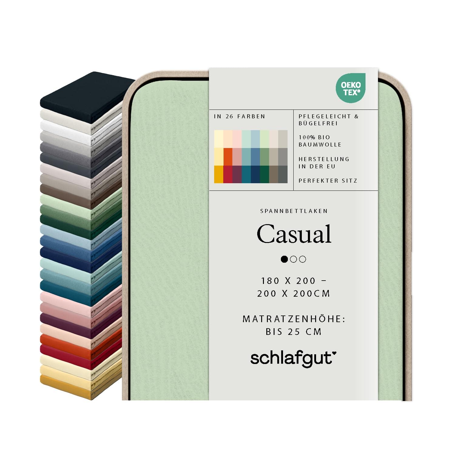 schlafgut Casual Spannbettlaken 100% Bio Baumwolle Made in Green by Oeko TEX (180x200cm bis 200x200cm Matratzenhöhe bis 25cm, Green Light)