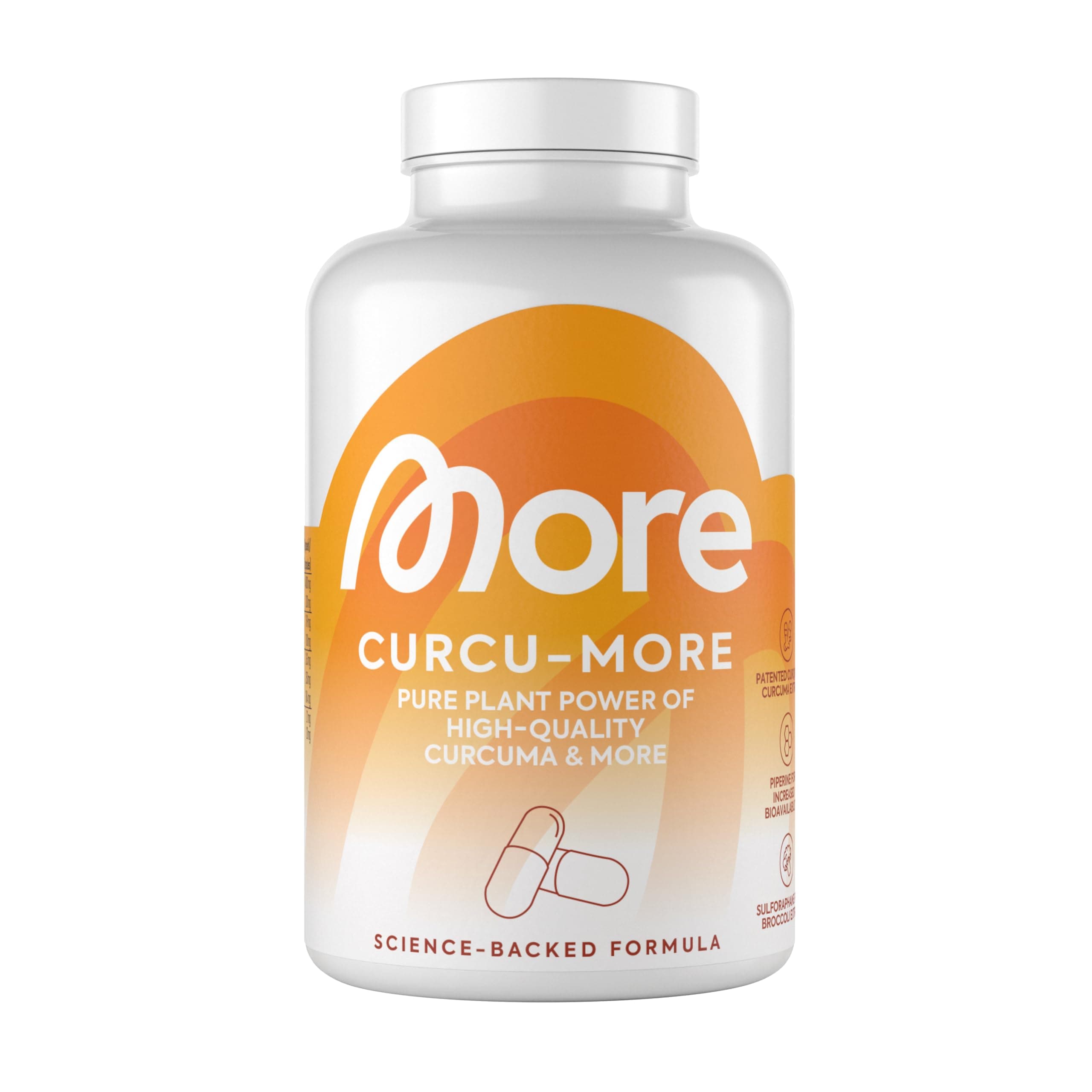 MORE Curcumore, 180 g - 210 Kurkuma Kapseln mit Curcuminoiden, Sulforaphan und Piperin, mit Biotin, vegan (Design kann variieren)