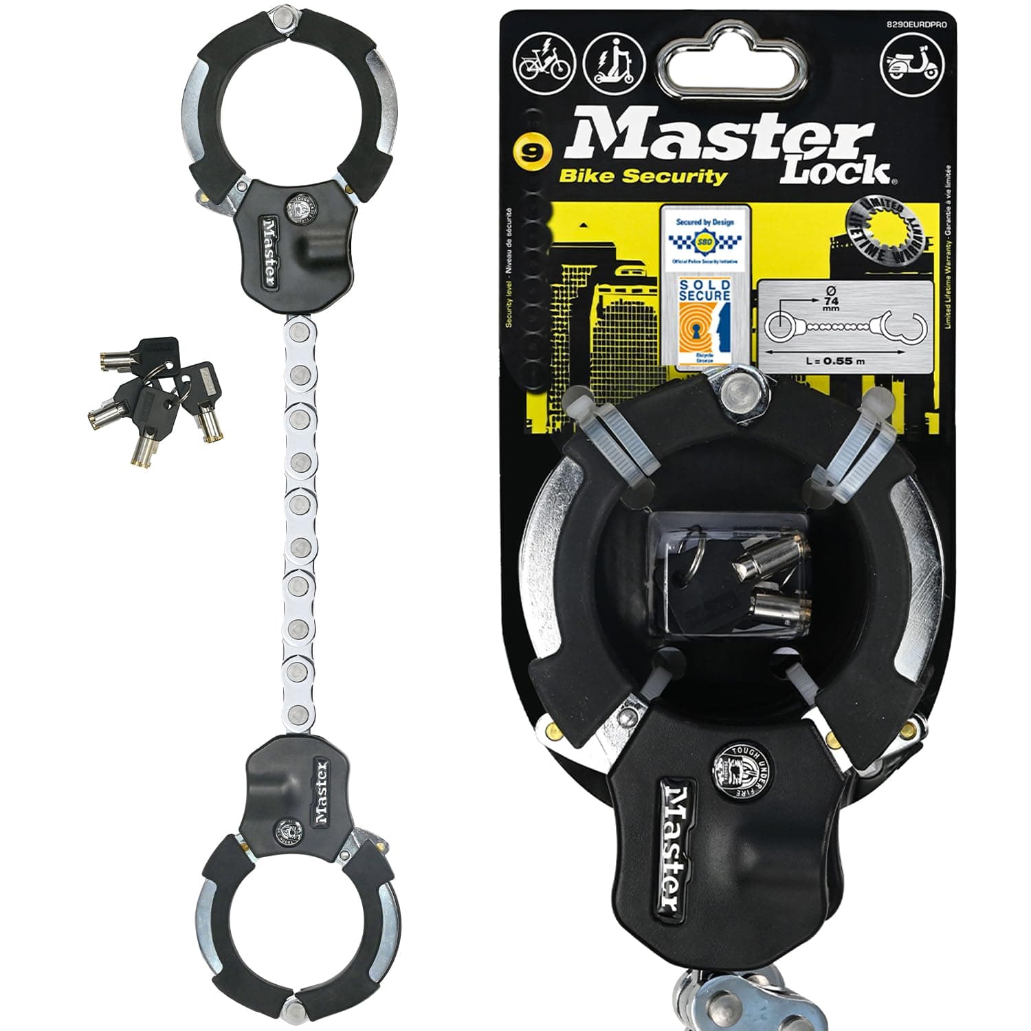 Master Lock Antivol Trottinette Certifié et Breveté, 55 cm, idéal pour trotinette électrique, vélo électrique, poussettes, menotte antivol