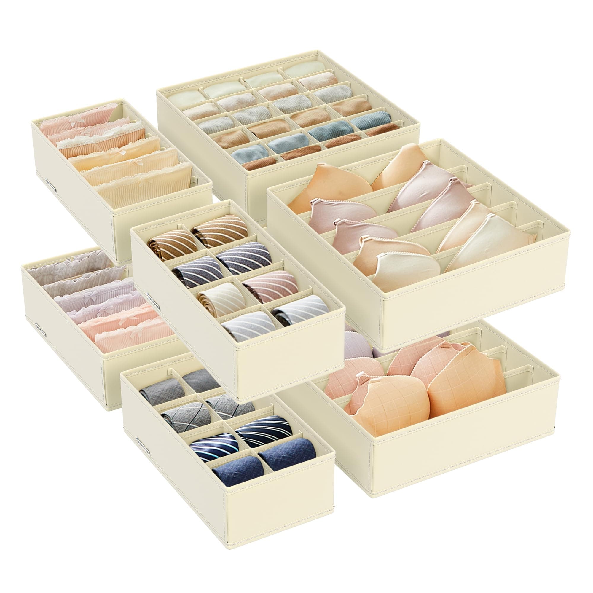SONGMICS Unterwäsche-Organizer 8er Set, Schubladen-Organizer faltbar, Ordnungssystem Kleiderschrank, Aufbewahrungsbox Schrank, Stoffboxen Aufbewahrung, für BHs Socken Krawatten, beige RUS008M01