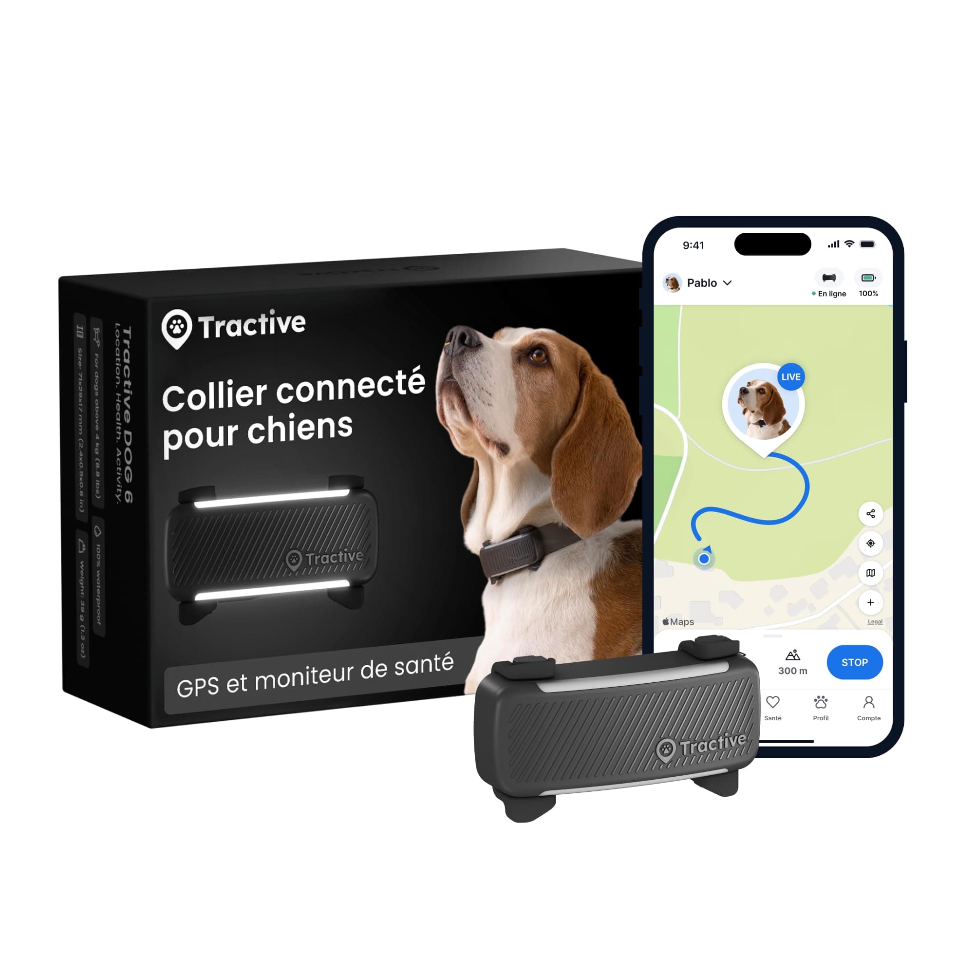Tractive – Collier GPS pour chien | 2025 Édition | Leader du marché | Localisation en direct | Alertes anti-fugue | Moniteur d'activité et d'aboiements | Alertes de santé (Noir)