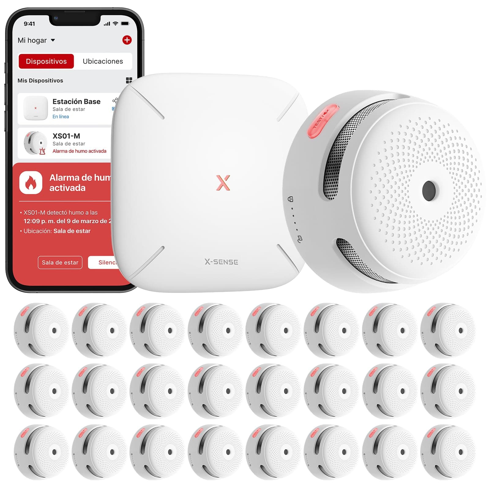 X-Sense Detector de humo Smart XS01-M con estación base SBS50, certificado según EN 14604, detector de humo inalámbrico con WiFi, detector de incendios conectable, compatible con la aplicación X-Sense