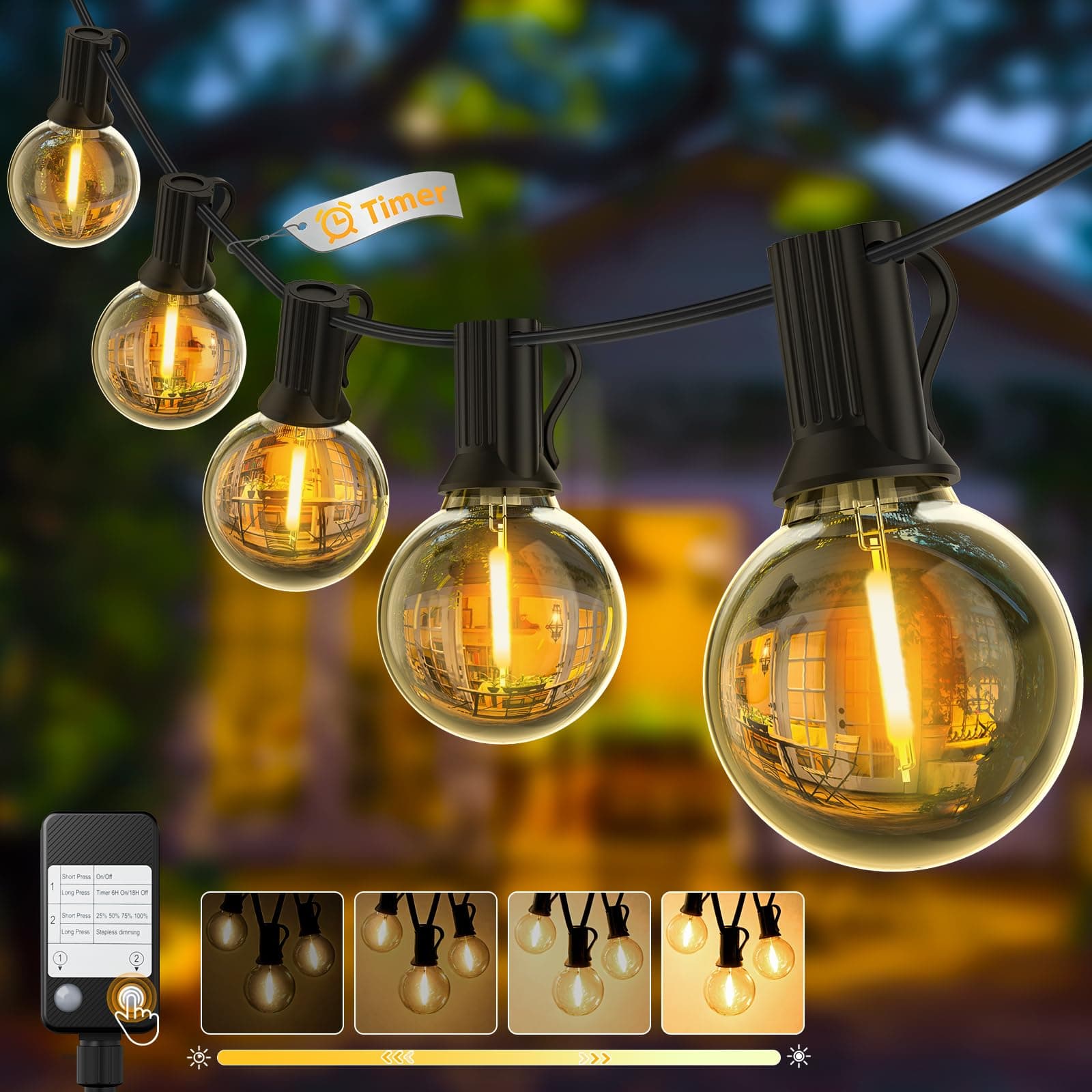Yuusei Catena Luminosa Esterno, 36,6M Luci da Esterno Giardino LED con Regolatore di Intensità, IP45 Impermeabili, 46+2 G40 Lampadine Globo Infrangibili per Gazebo, Balcone, Pergolato, Patii