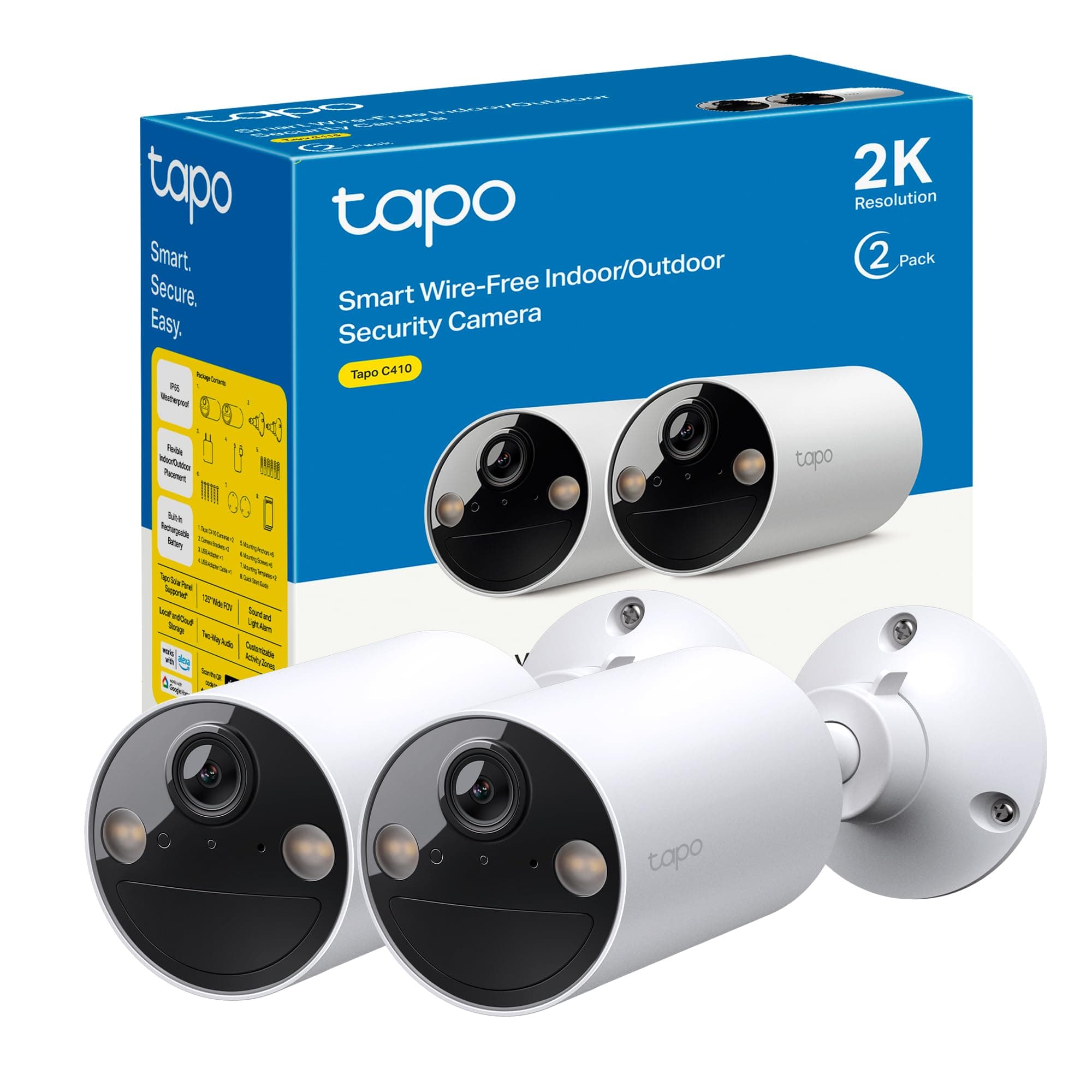 Tapo C410 (paquete de 2), visión nocturna a color 2K 3MP, recargable, panel solar, IP65, almacenamiento local/en la nube, ángulo de 110°, alarma iluminada y sonora, cámara de seguridad