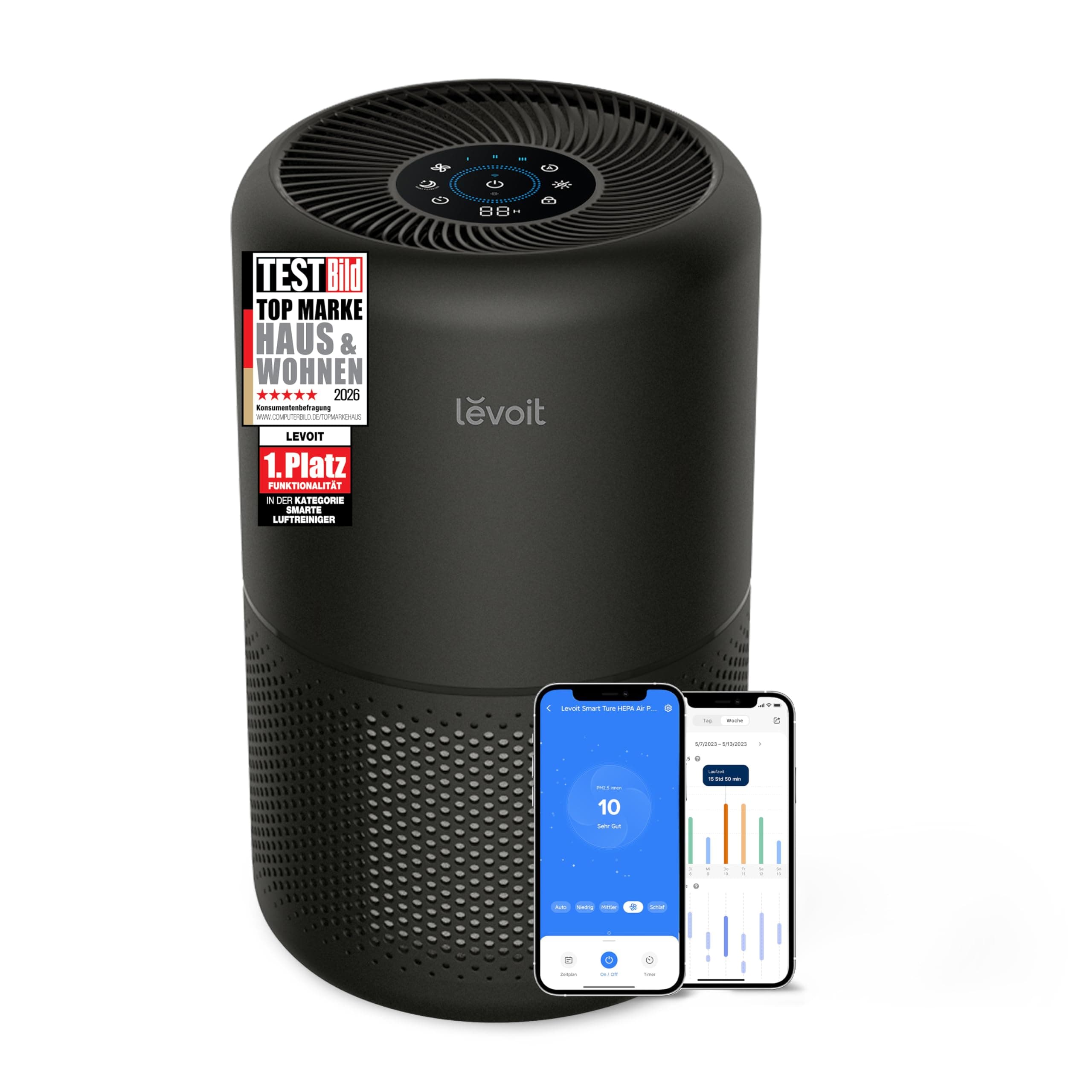 Levoit Luftreiniger mit HEPA Luftfilter, CADR 258m³/h für bis zu 54㎡ Raucherzimmer, 99,97 Prozent Schimmel Staub Pollen Tierhaare, AirPurifier mit Luftqualitätsanzeige und AutoundSchlafmodus, Schwarz