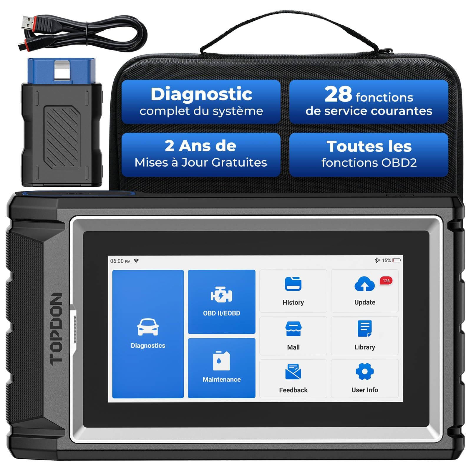 TOPDON ArtiDiag800 BT 2 Outil de Diagnostic de Voiture sans Fil OBD2 Scanner Bluetooth, Systèmes complets, 28 Fonctions de réinitialisation, Contrôle bidirectionnel, 2 Ans de mises à Jour gratuites