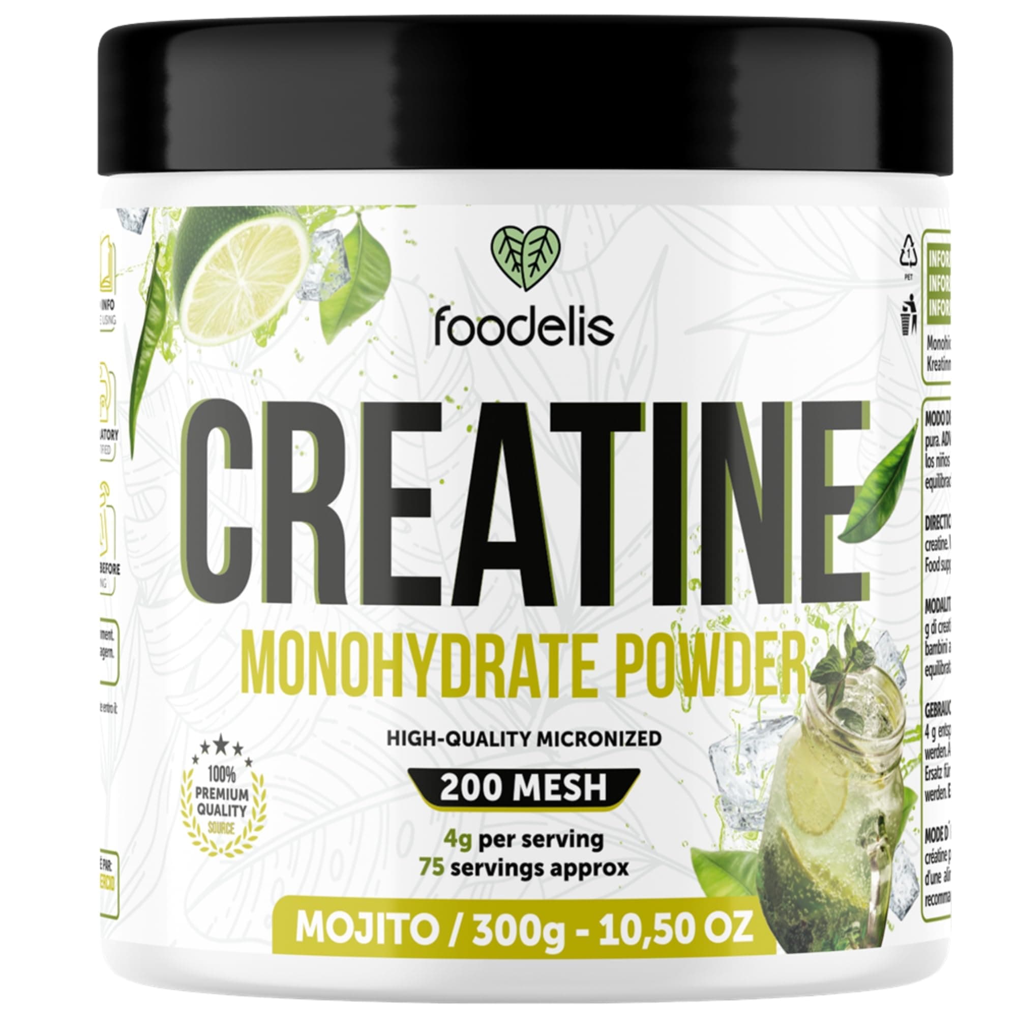 Foodelis Creatina Monohidratada en Polvo 300 g – Sabor Mojito – 100% Creatina Micronizada – Alta Pureza – Sin Aditivos – Vegana – Alta Solubilidad – Incluye Dosificador