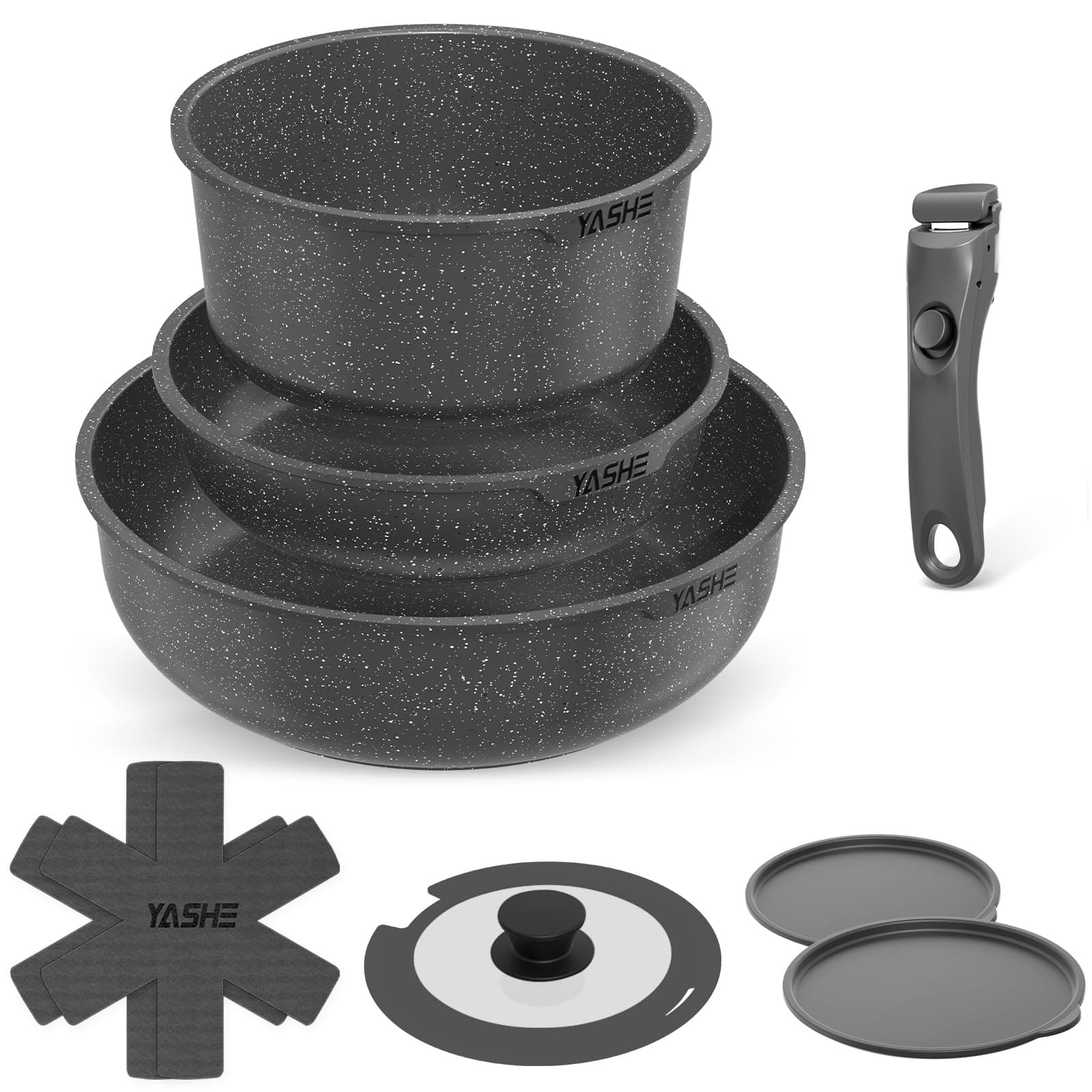 YASHE Juego de Ollas y Sartenes 9 Piezas, Antiadherente con Mangos Desmontables, Compatible con Inducción, Horno y Lavavajillas, Apilable, Color Gris