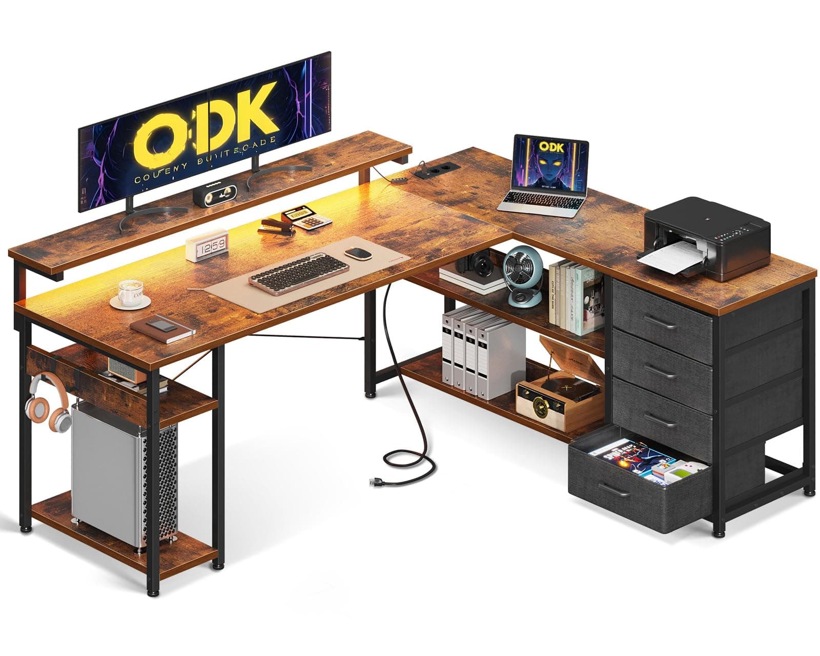 ODK Escritorio con Cajones, 155×110cm Escritorio Esquinero Reversible con 2 Enchufes y 2 Puertos USB, Mesa de Oficina en Forma de L con LED para Oficina en Casa, Madera Vintage