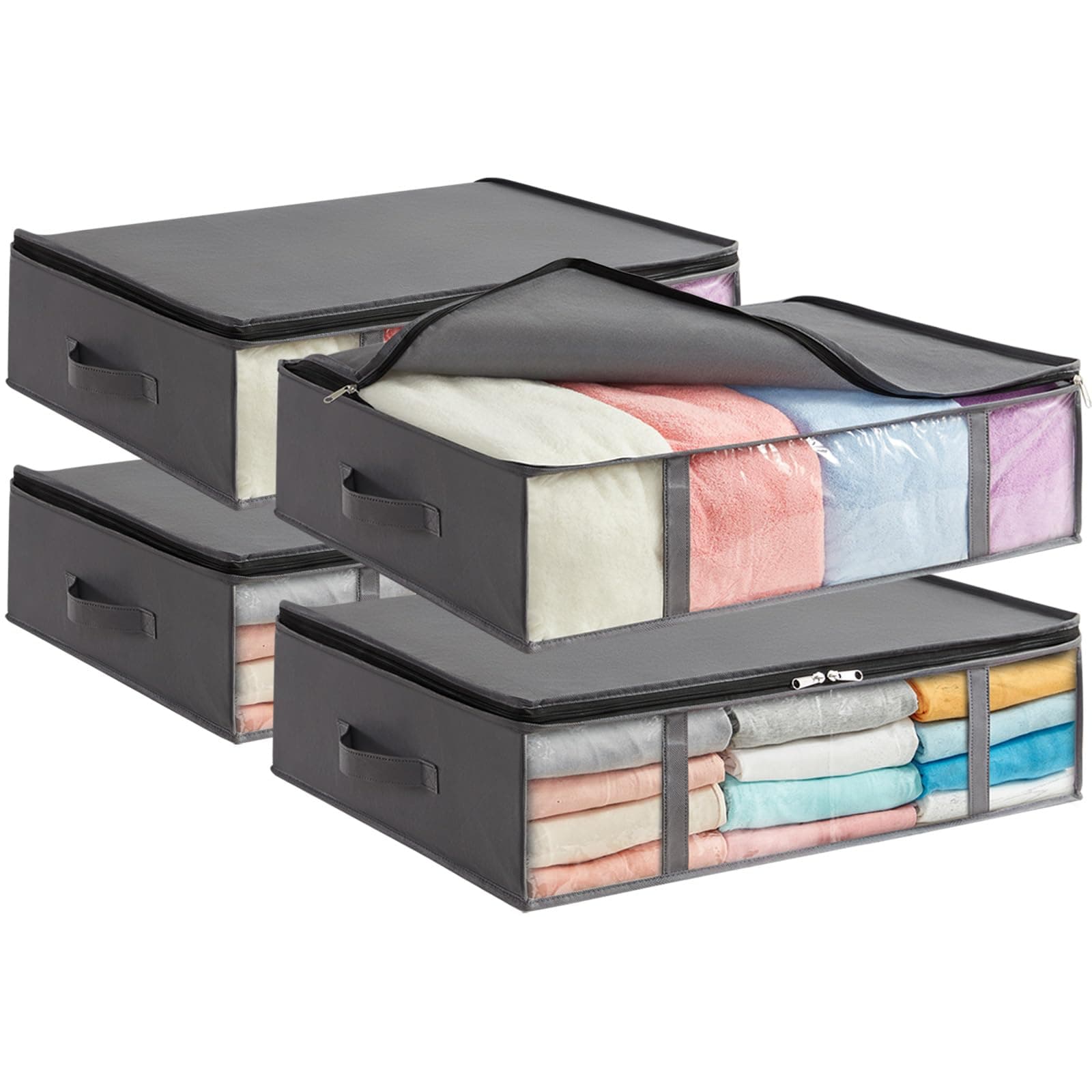 Lifewit 4 Stück 40L Unterbett Aufbewahrungsbox, Faltbare Unterbettkommode Aufbewahrungstasche Storage Boxes mit Deckel, Unterbett Aufbewahrung für Kleider Unterbett Kleiderschrank, Grau