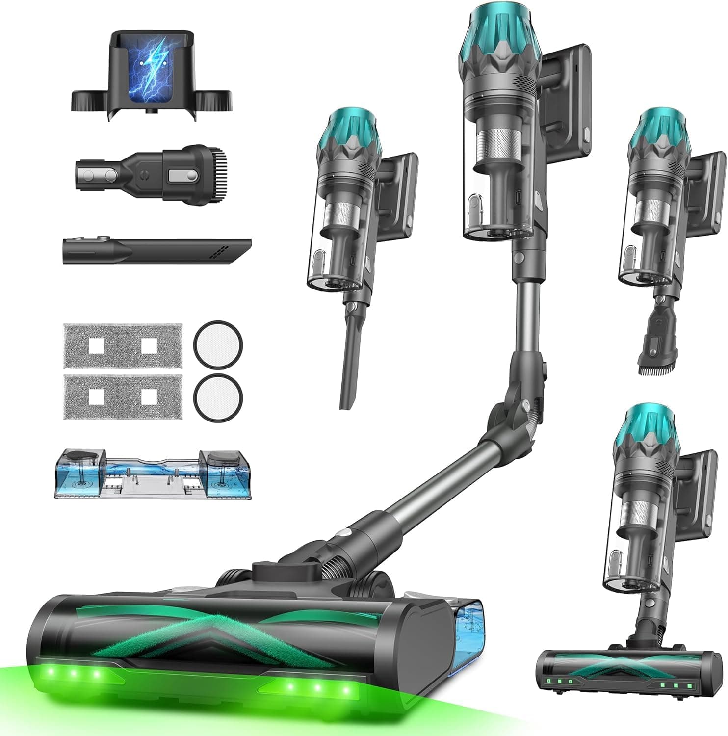 Vexilar Aspirateur Balai sans Fil V15 Max,60Min/65Kpa Aspirateur sans Fil Puissant,Brosse Anti-Emmêlement,Tube Pliable, Aspiration et Lavage,GreenEye, Aspirateur pour Poils d'animaux,Tapis,Sols