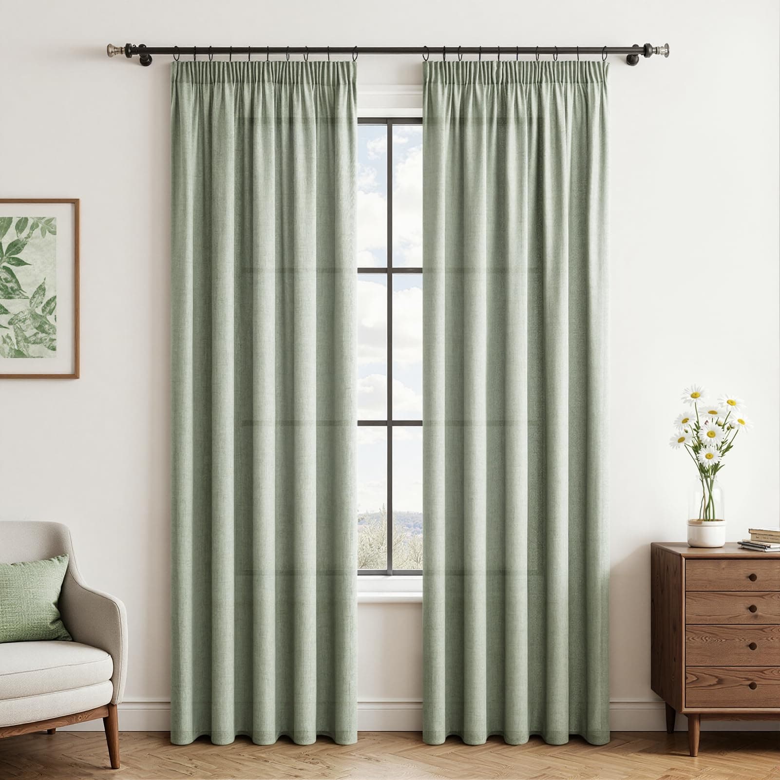 CUTEWIND Rideaux Salon Lin Vert Sauge Rideau de Porte Interieur Rideau Cuisine Moderne 140 x 200 cm (LxH), 2 Pièces, Rideaux à Galon Fronceur Semi-Transparent Tamisant pour Salle à Manger