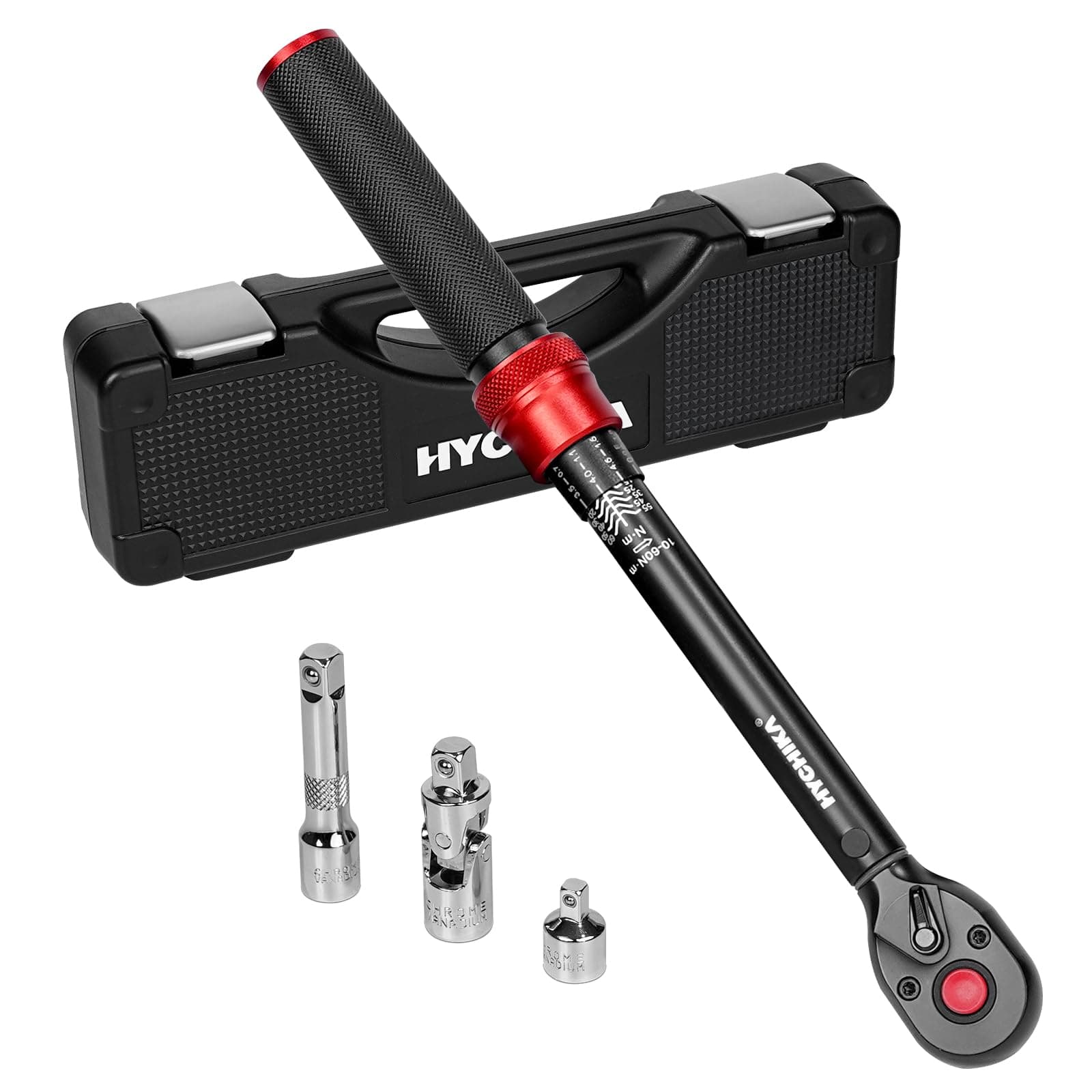 HYCHIKA Chiave Dinamometrica 3/8 di Pollice, 10-60Nm, Precisione ±2%, 72 Denti, Kit Dinamometrica con Adattatore da 3/8 a 1/4, Giunto Card, Barra di Prolunga per Auto, Moto, Bici, Lavori Meccanici