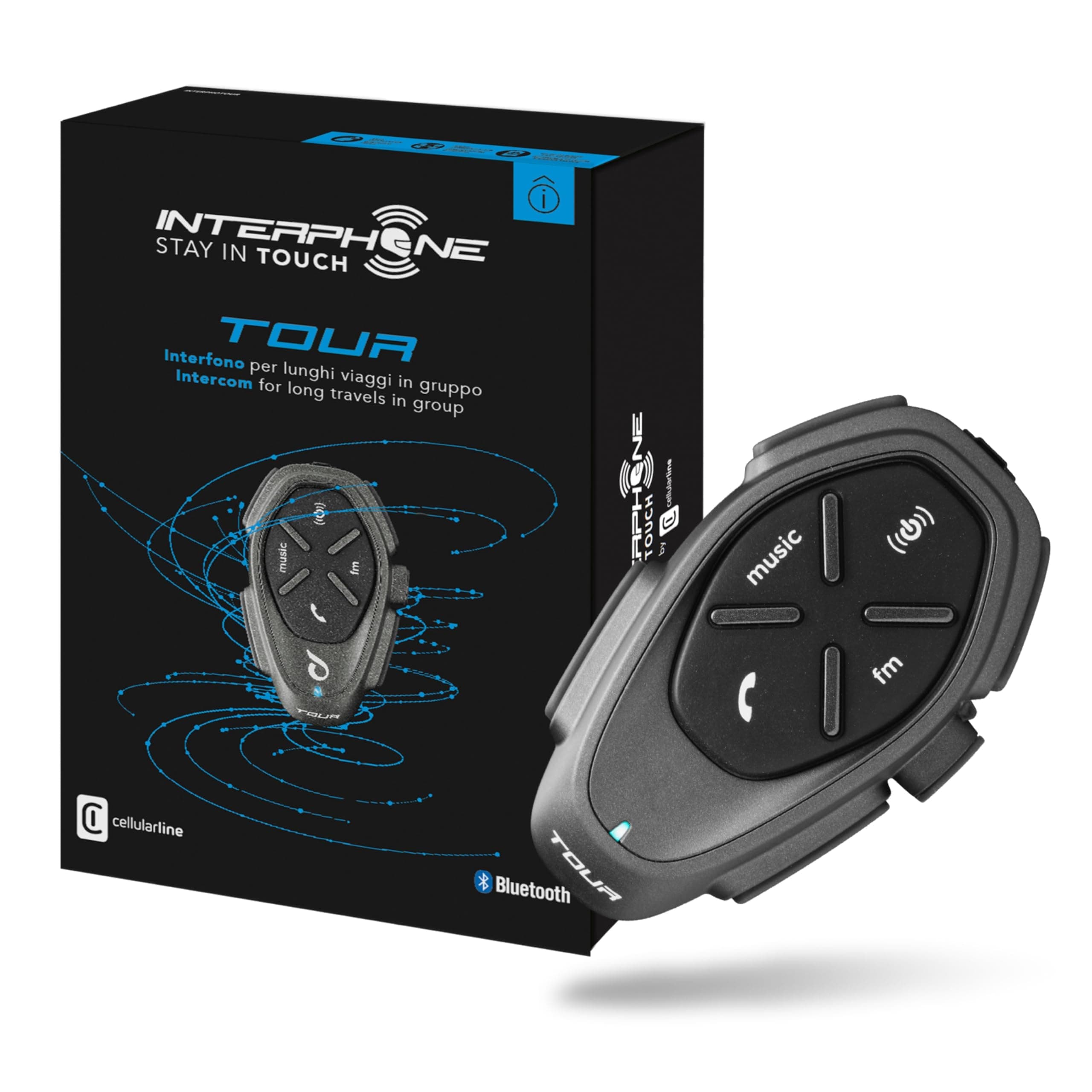 INTERPHONE TOUR - Singolo - Interfono Moto Bluetooth, Fino a 4 Motociclisti, Distanza 1.5 Km, Autonomia 25 Ore, Fast Charge, Mp3, GPS, Impermeabile, Universale.