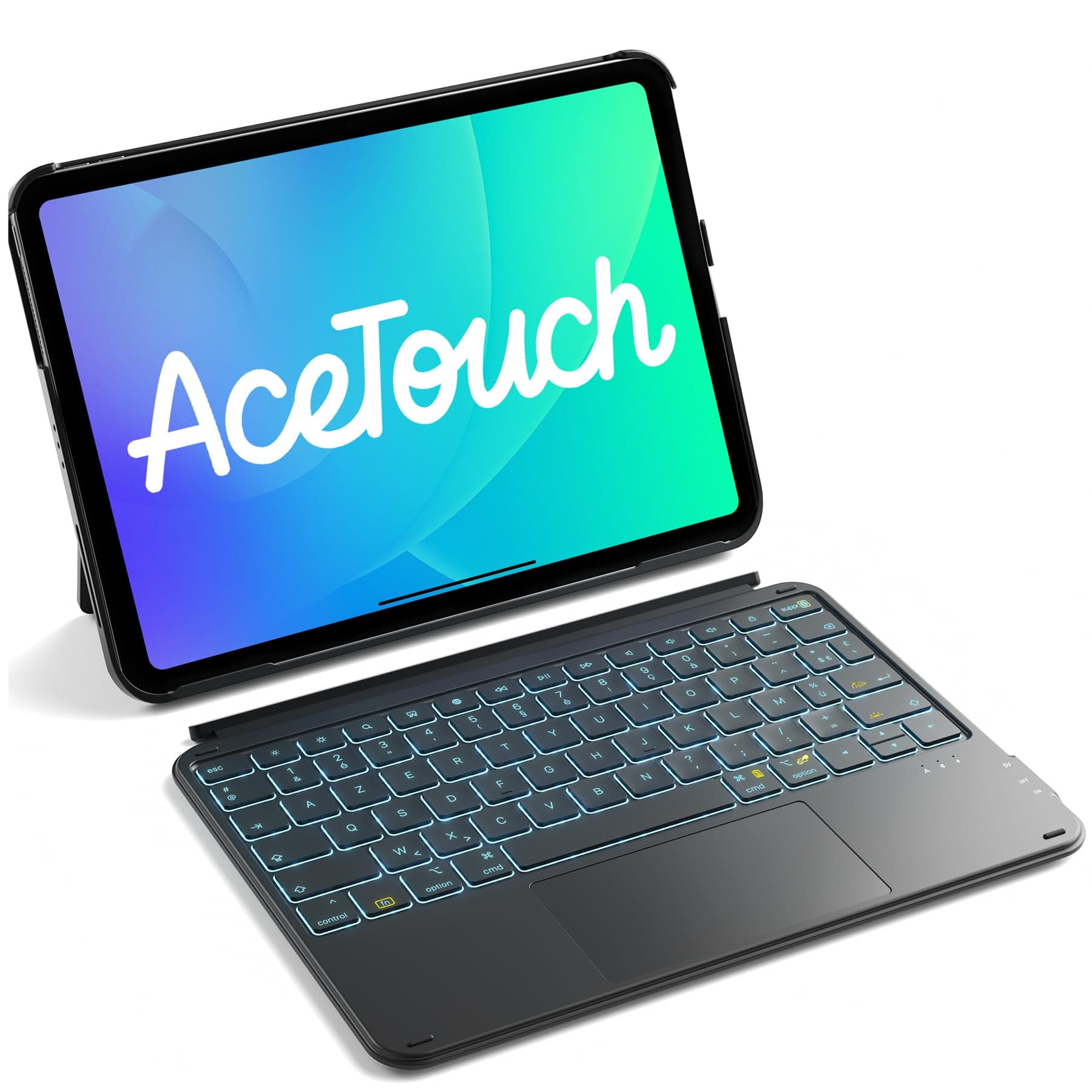 Inateck Coque Clavier pour iPad A16/10e/11e, Air 11" M4/M3/M2,Air 6/5/4, Pro 11 4e-1re, Clavier Détachable avec Pavé Tactile–léger 465g, Rétroéclairage 7 Couleurs & Réveil,AceTouch KB04122-RGB, Noir