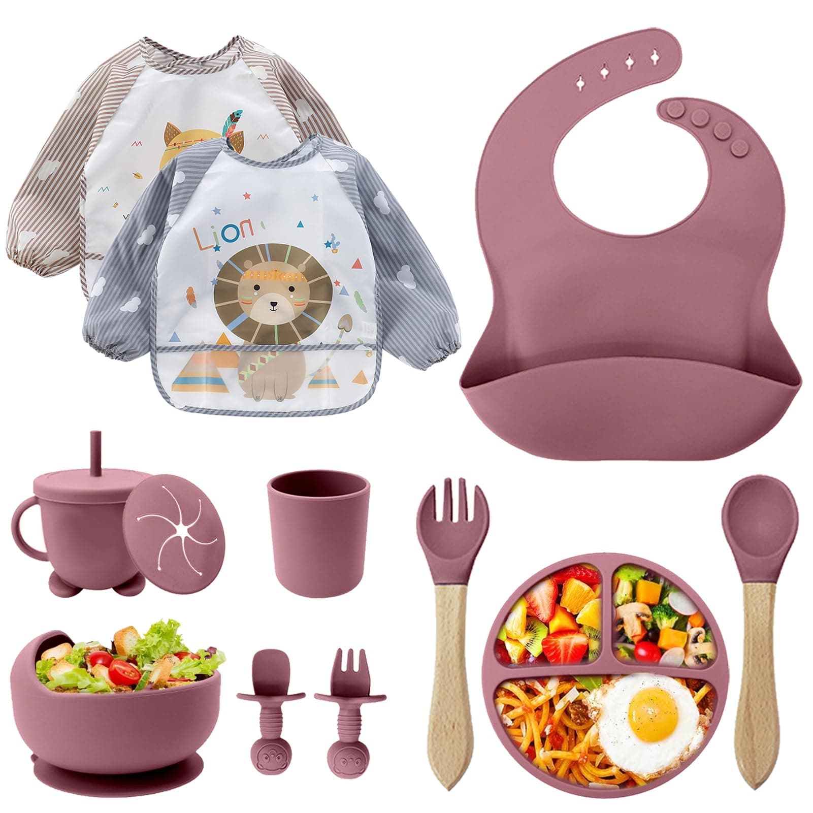 CUBTEM Set Pappa Svezzamento, Set di 12 Piatti per Bambini,Ventosa Ciotola e Cucchiaino per Neonati, Bavaglino in Silicone, Set di Posate per Bambini per Lo Svezzamento e L'Alimentazione