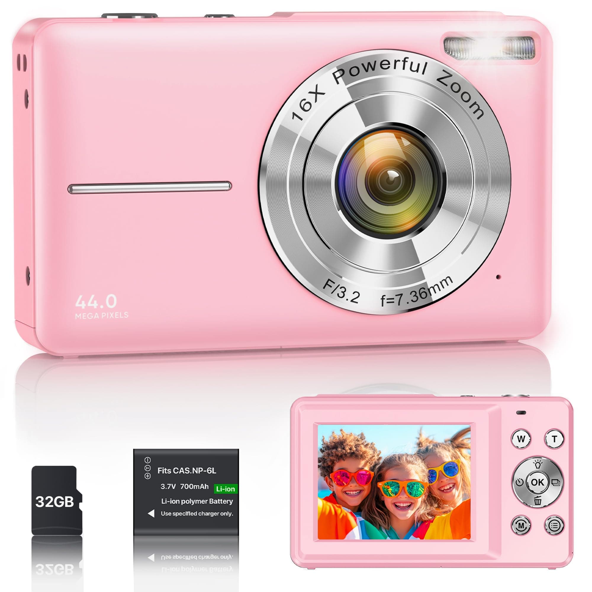 Fotocamera Digitale 1080P 44MP Macchina Fotografica Vlogging per Bambini Ragazzi, FHD Compatta Portatile con Schermo da 2,4" Zoom 16X, Mini Fotocamera Anti-Shake per Principianti Studenti-Rosa