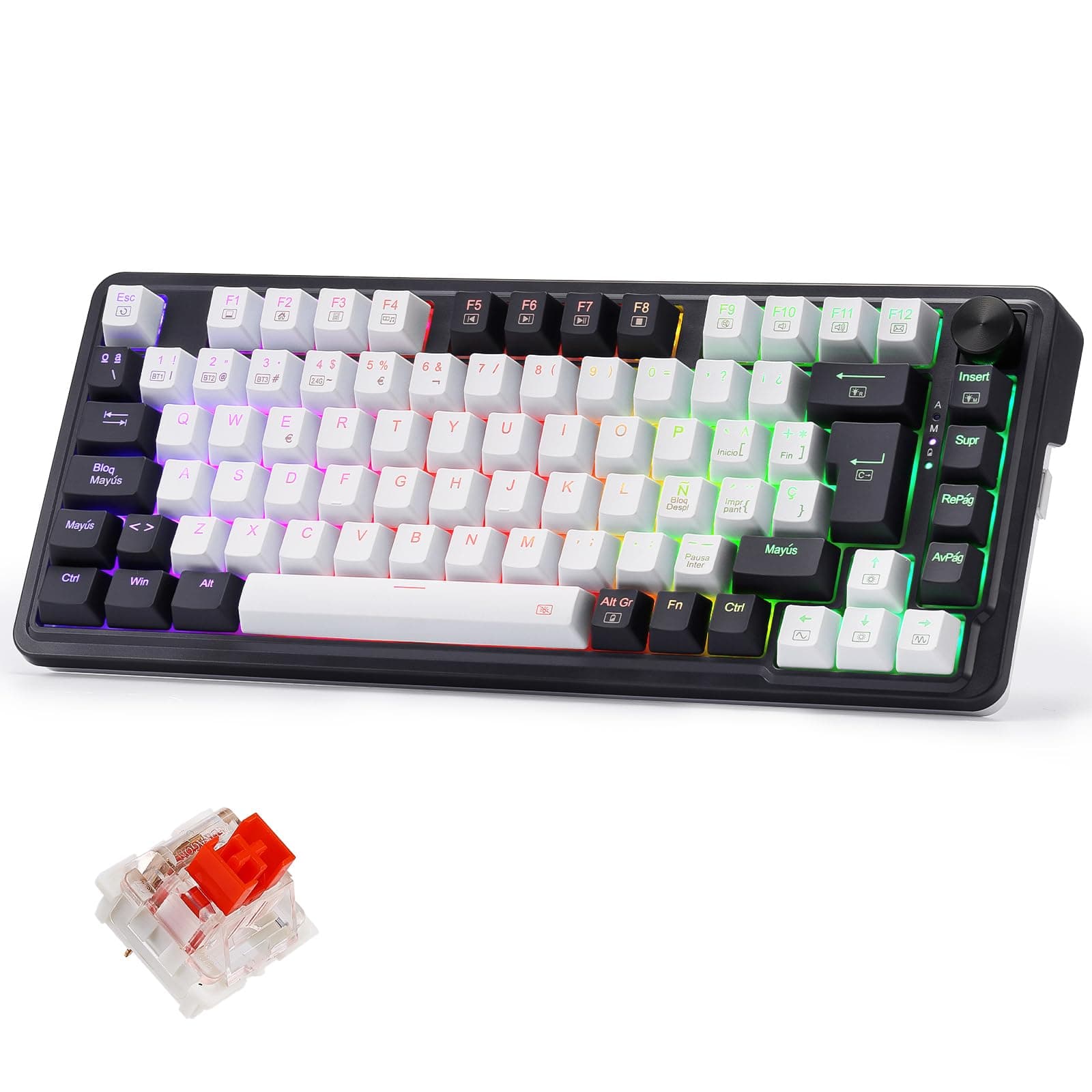 Redragon K673 Pro 75% Gasket RGB Teclado Mecánico, Teclado Gaming con Perilla, 82 Teclas, 2.4Ghz/BT/USB-C, Espumas Absorbentes de Sonido, Hot-Swap Interruptor Rojo, 4000mAh batería, QWERTY Español
