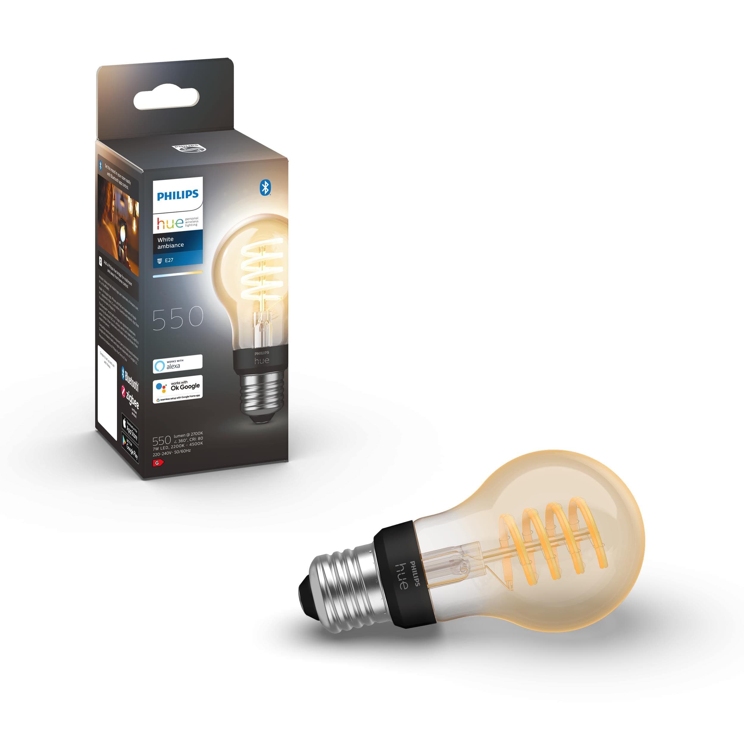 Philips Hue White Ambiance E27 Filament Lampe (550 lm), dimmbare LED Standard Lampe für das Hue Lichtsystem mit warm- bis kühlweißem Licht, smarte Lichtsteuerung über Sprache und App, 1er Pack