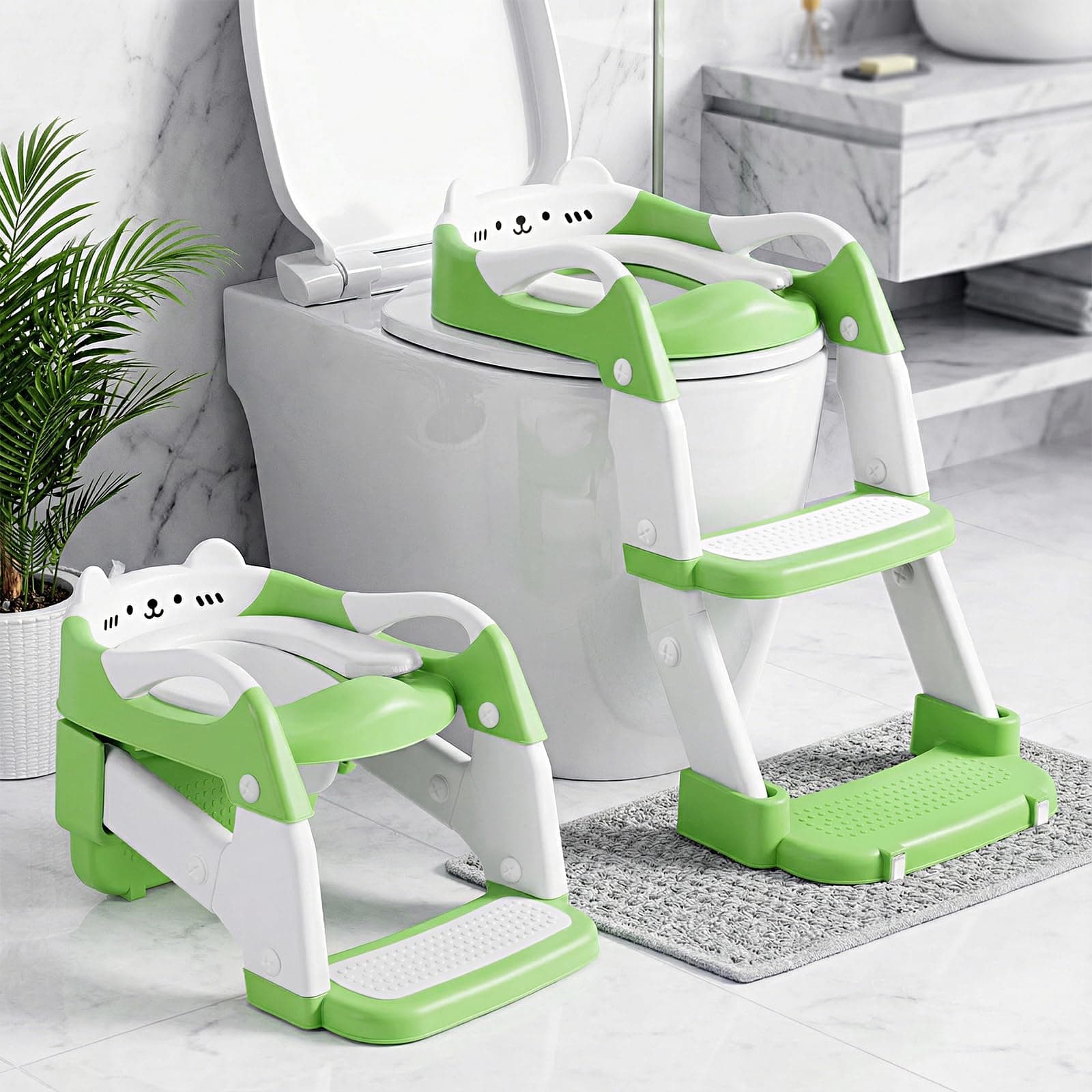 Orzbow Riduttore Wc Bambini con Scaletta, 2 in 1 Scaletta Wc Per Bambini, Vasino Per Bambini Wc, Altezza Regolabile, Pedale Allungato e Cuscino in PVC, Antiscivolo e Leggero, Verde