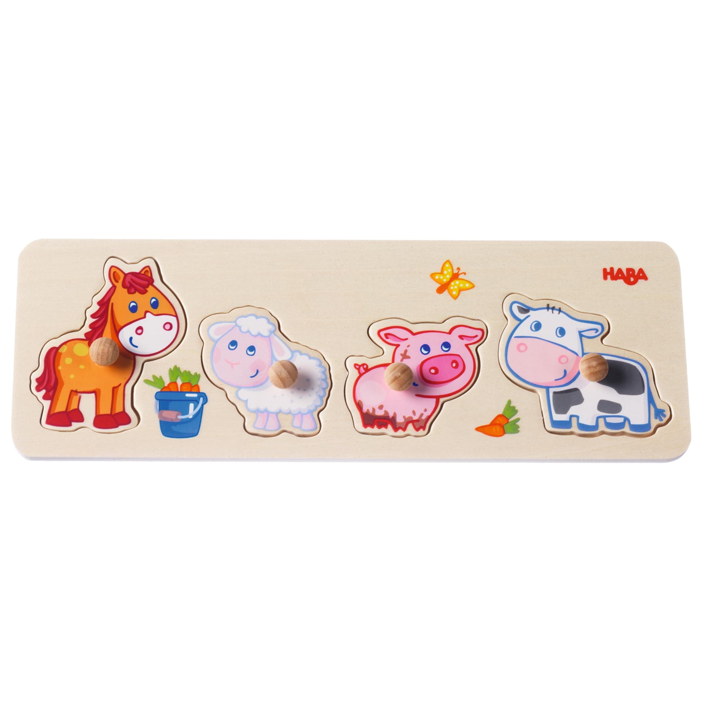HABA 301939 - Greifpuzzle Bauernhof-Tierkinder, 4-teiliges Holzpuzzle mit Tiermotiven und großen Holzknöpfen zum Greifen, Holzspielzeug ab 12 Monaten