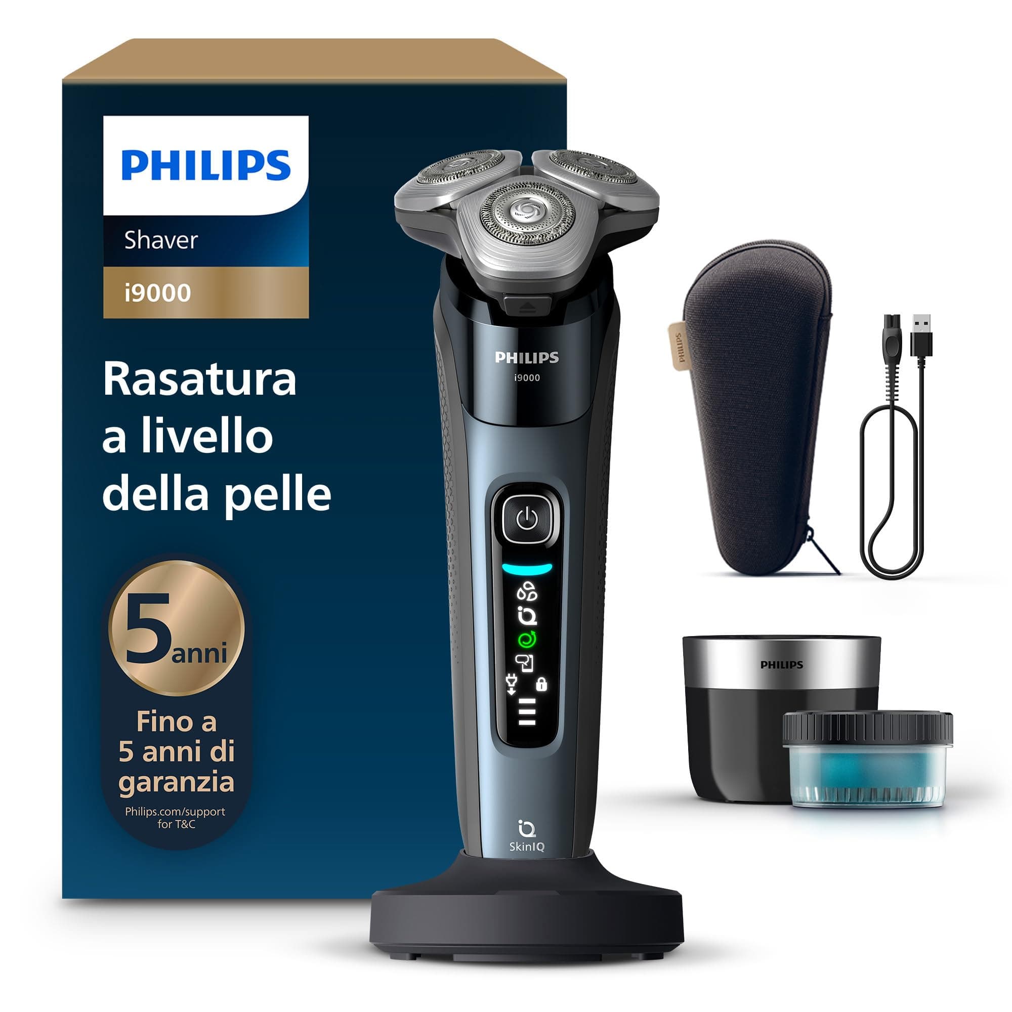 Philips Shaver i9000, rasoio elettrico Wet & Dry, Tortora, tecnologia Skin IQ, triplo sistema di sollevamento e taglio, doppie lame di precisione 360º in acciaio, pod Quick Clean, modello X9001/30