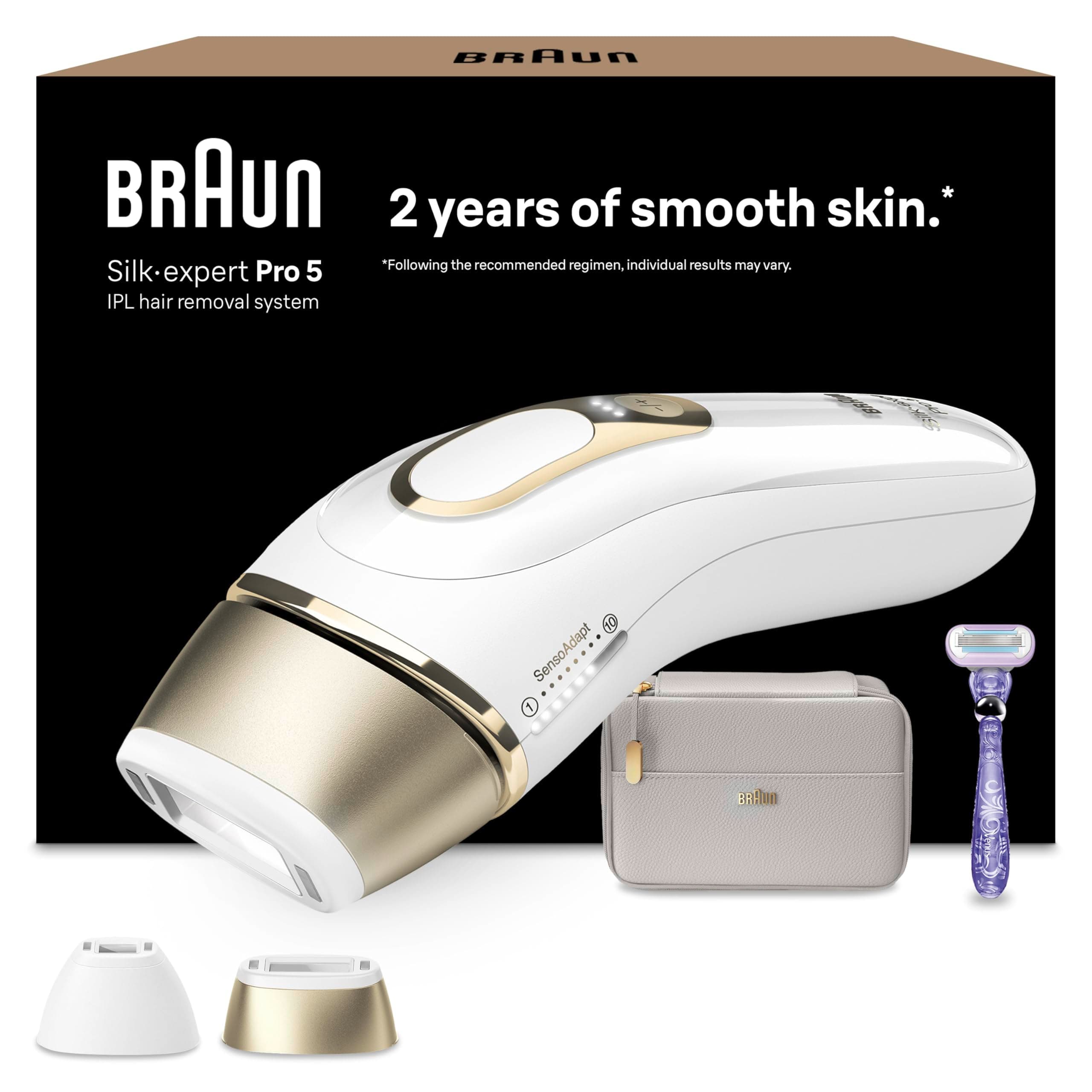 Braun Depiladora Luz Pulsada Silk·expert Pro 5 Alternativa a Depiladora Laser, IPL, con Funda, Cabezal de Precisión Y Maquinilla Venus, Eliminación del Vello en Casa, PL5157, Blanca/Dorada