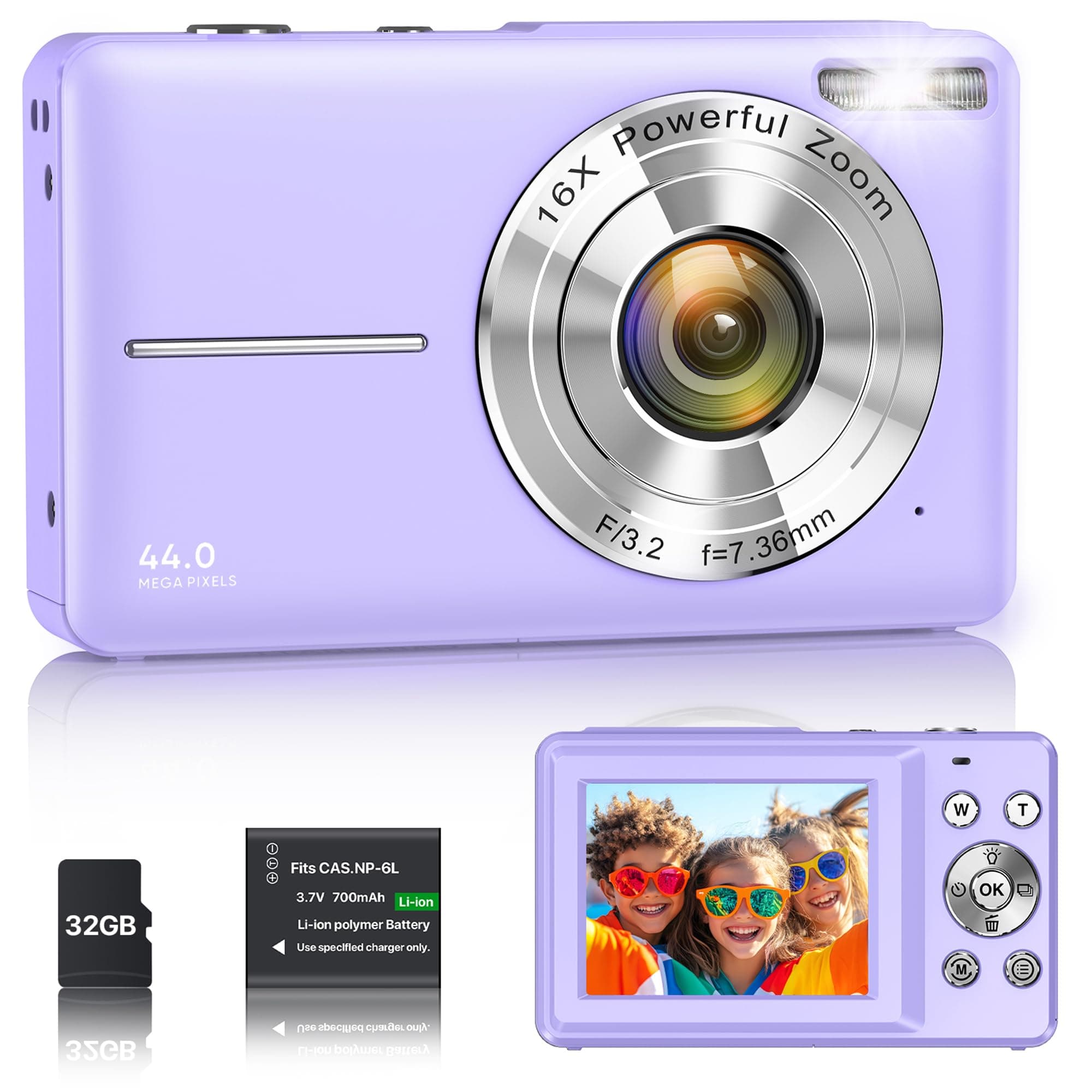Fotocamera Digitale 1080P 44MP Macchina Fotografica Vlogging per Bambini Ragazzi, FHD Compatta Portatile con Schermo da 2,4" Zoom 16X, Mini Fotocamera Anti-Shake per Principianti Studenti-Viola
