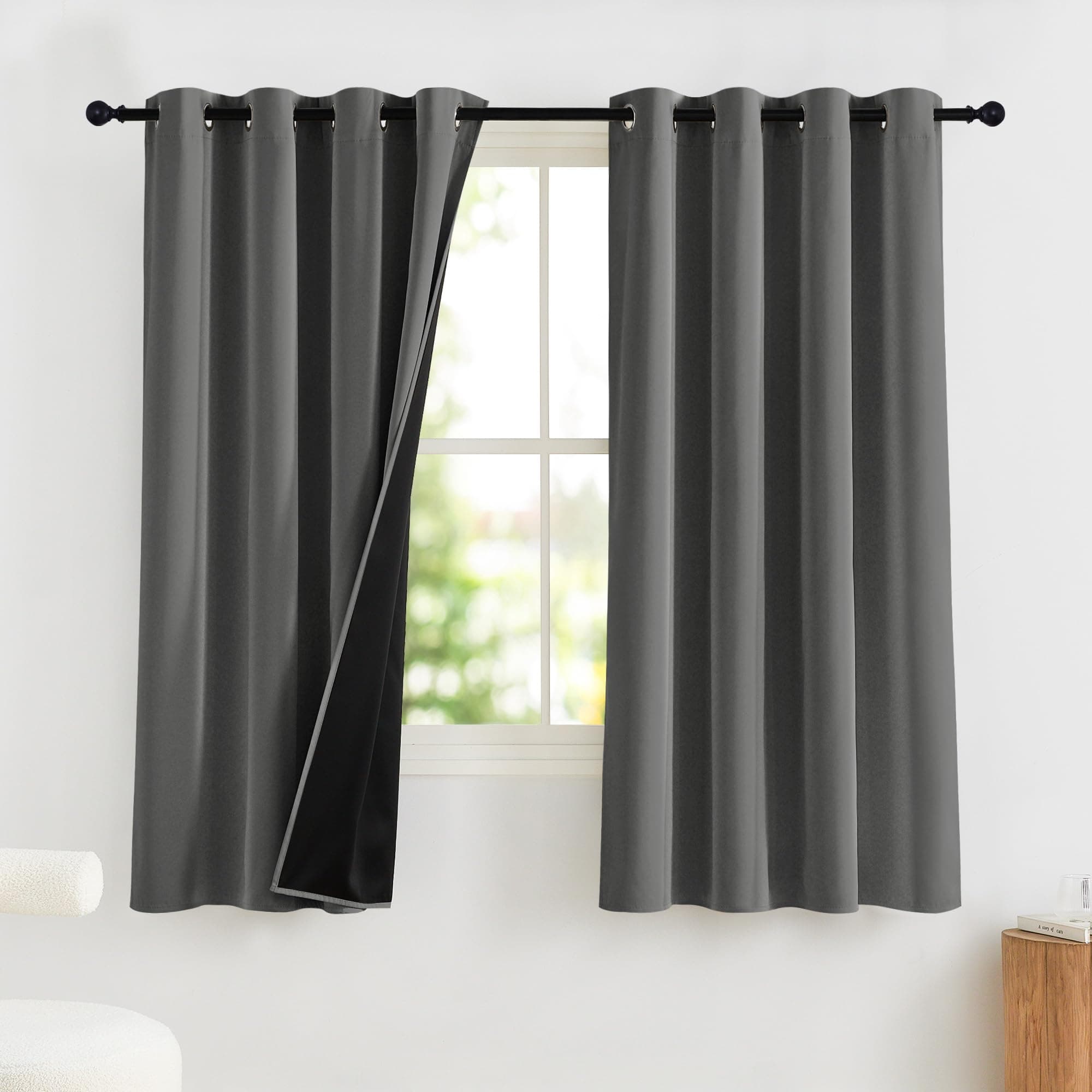 PONY DANCE Verdunklungsgardine Grau Ösenvorhang 2er Set H 160 x B 140 cm Kurze 100% Blickdichte Vorhänge für Schlafzimmer/Wohnzimmer Vorhang Thermo Kälteschutz