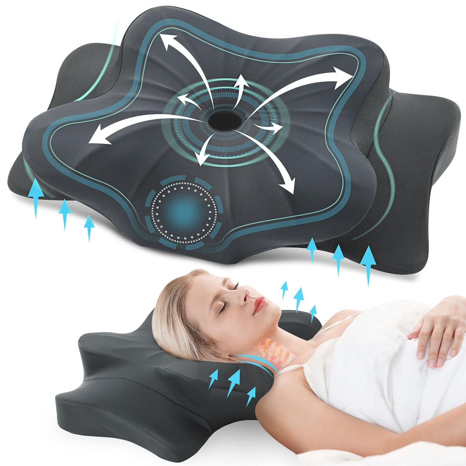 DONAMA Oreiller Ergonomique Cervical, Mémoire de Forme, Nuque, Côté, Dos | Coussin papillon haute densité rebond lent, soutien épaules, taie amovible lavable, positions sommeil latéral dorsal ventral