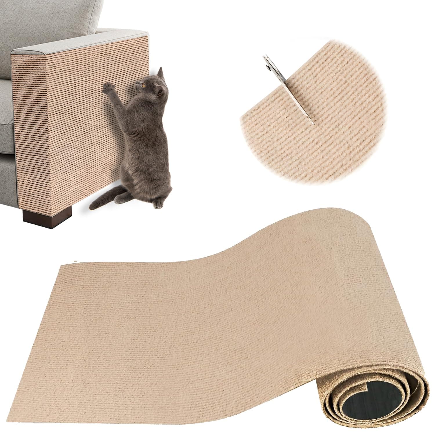 Protezione Divano Graffi Gatto, Tappeto Tiragraffi per Gatti Autoadesivo 100x30cm, Riutilizzabile e Tagliabile, Ideale per Divani, Mobili e Pareti, Tiragraffi divano, Sisal e Moquette (Khaki)