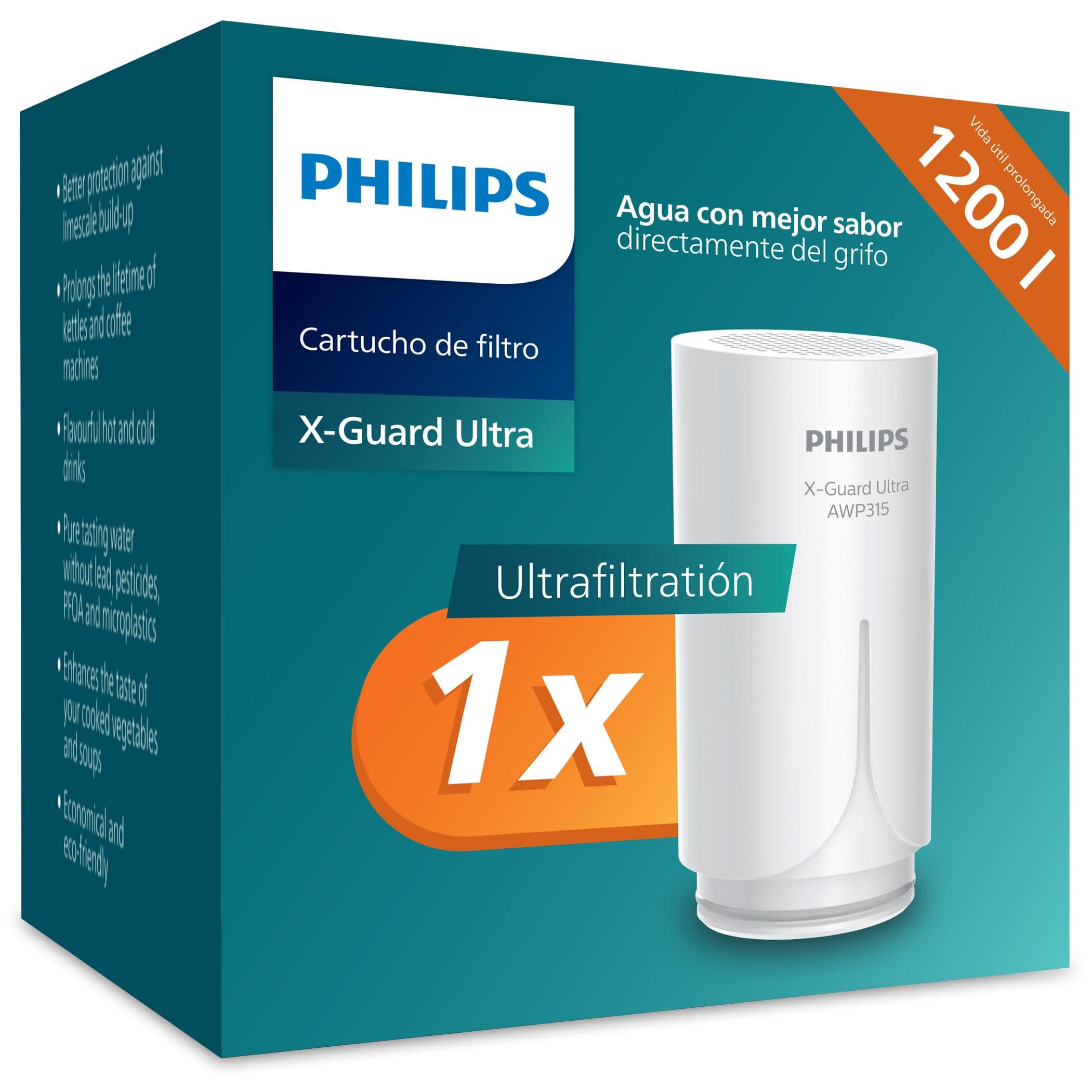 Philips Water Cartucho de filtro Ontap AWP315/10, ULTRAFILTRACIÓN, capacidad de filtración de 1200 L, reduce CLORO, PLOMO, MICROPLÁSTICOS, BACTERIAS y mejora el sabor del agua