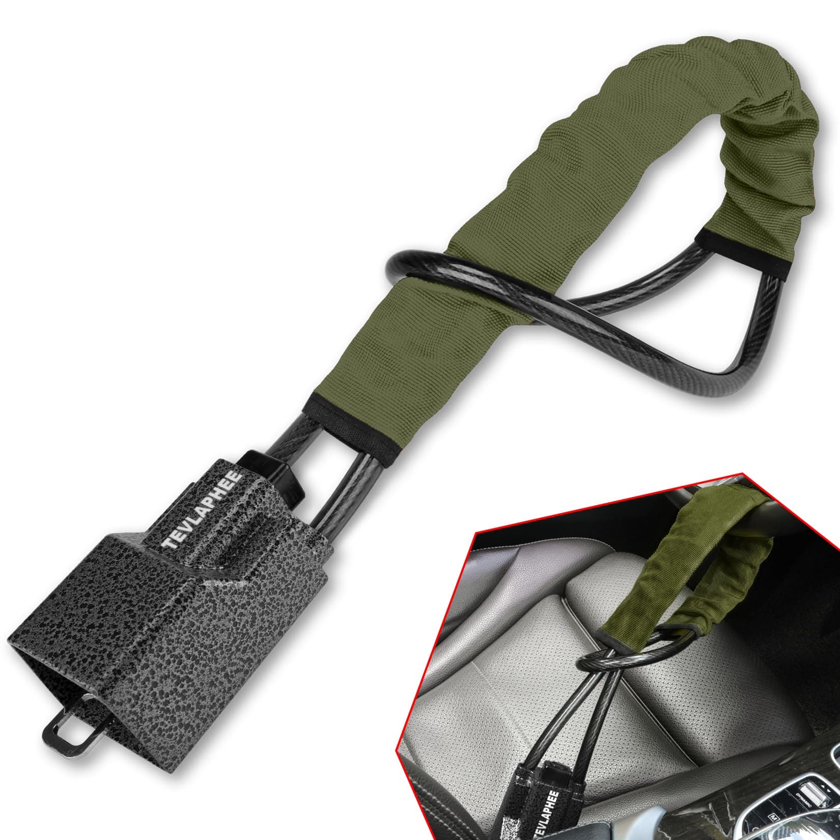 Tevlaphee Antivol Volant Amélioré, Bloque Ceinture, Tête Métal, Dispositif Antivol Auto Haute Visibilité, Robuste, Universel pour Voiture, SUV, Pickup, Jeep, Van, 3 Clés(Vert)