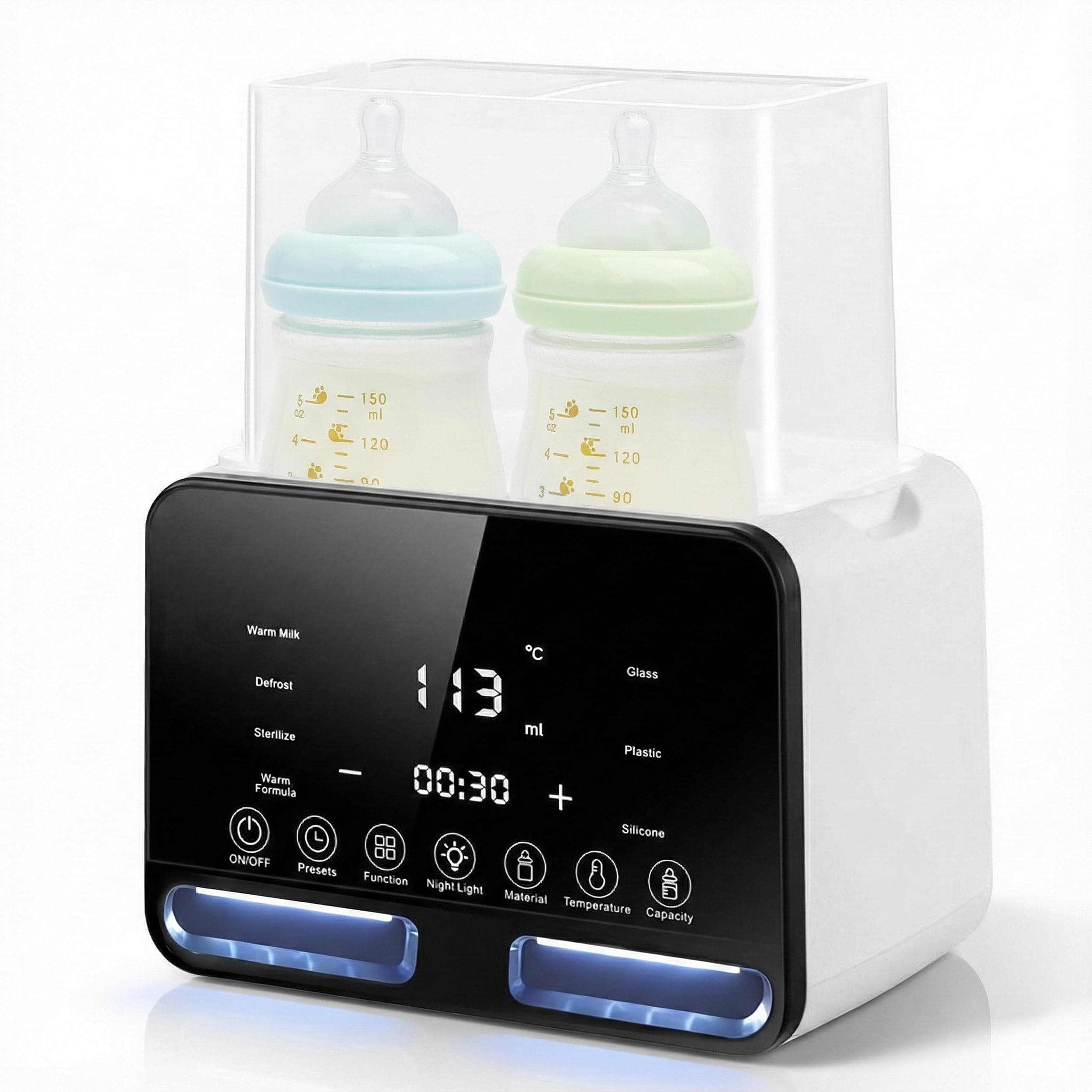 calienta biberones para bebé Carehabi para 2 biberones, Esterilizador Biberones, blanco, sistema 4 en 1 con esterilizador y control de temperatura, calienta y descongela alimentos para bebé