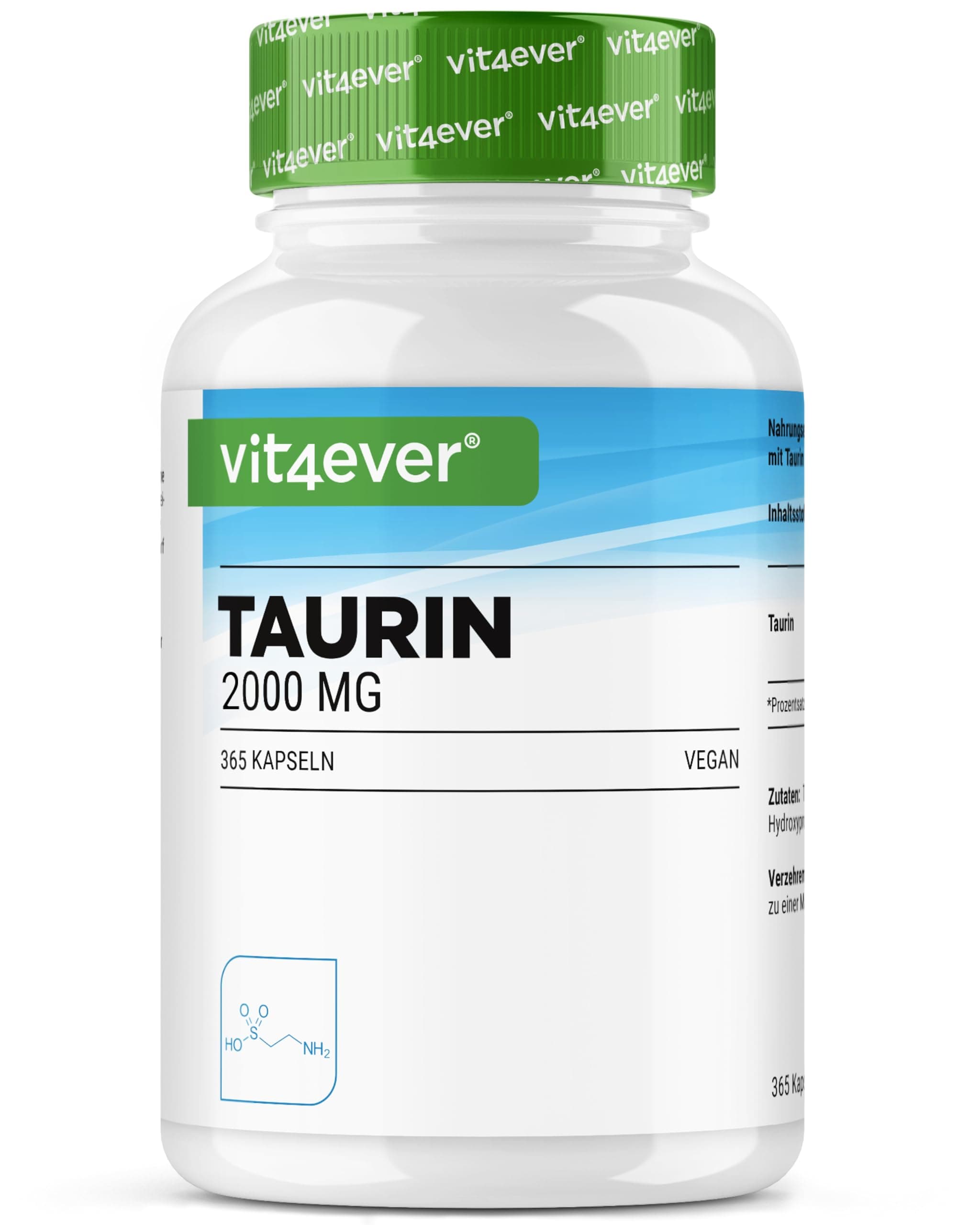 vit4ever Taurin - 365 Kapseln - Extra Hochdosiert mit 2000 mg pro Tagesdosis (2 Kapseln) - Über 99% Reinheit - ohne unnötige Zusätze, vegan