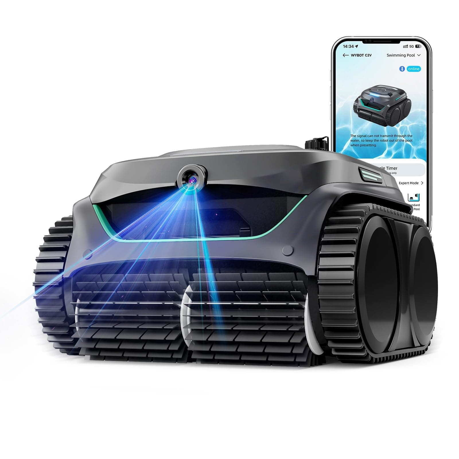WYBOT C2 Vision AI caméra Robot Piscine sans Fil avec Batterie, Robot de Piscine Sol et Mur, Filtration à Deux Couches, Aspiration puissante, pour piscines enterrées jusqu'à 180㎡(Gris-Vert)
