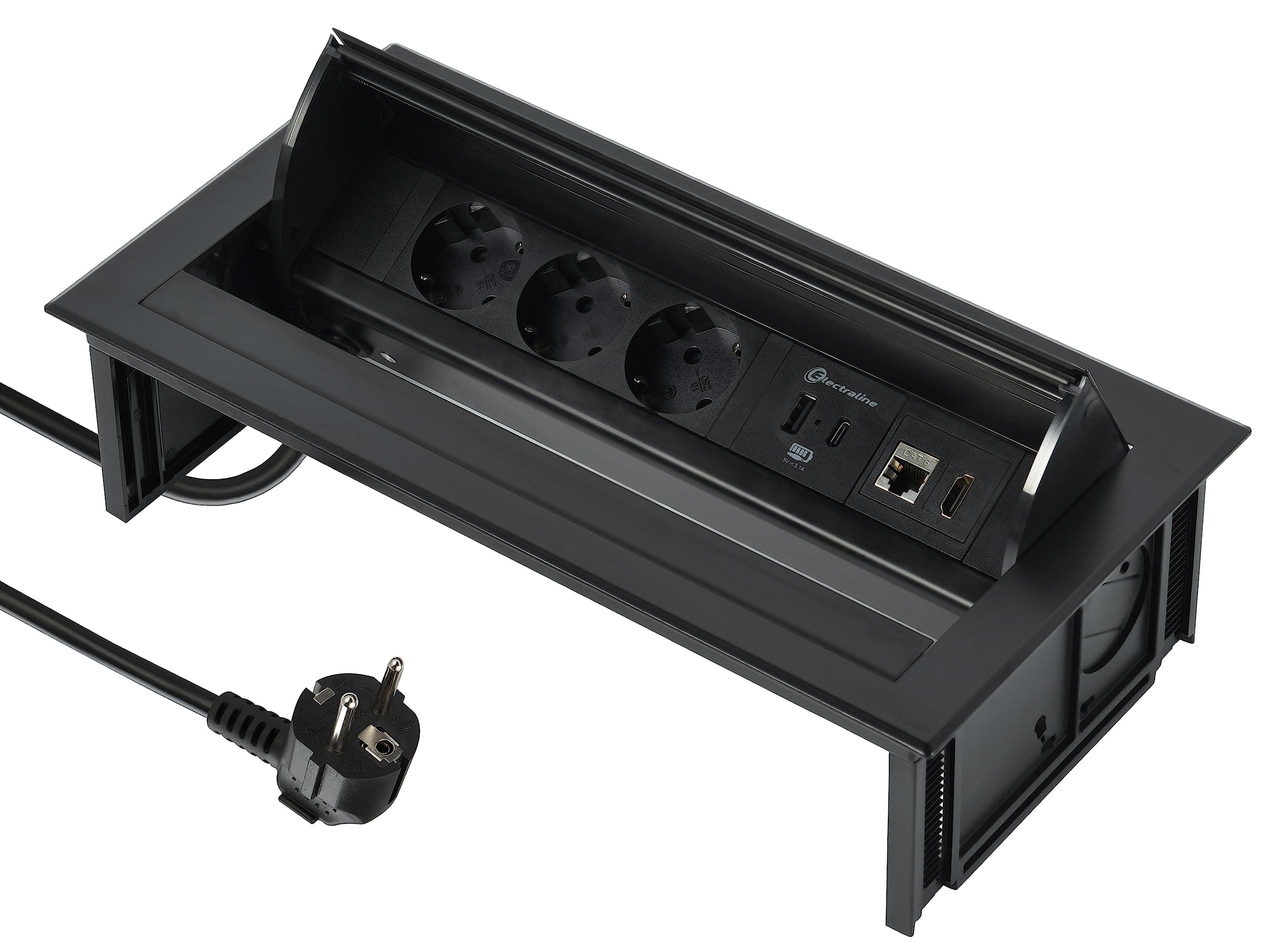 Electraline 62577 Regleta Base Múltiple retráctil para escritorio/mesa Toma empotrada con 3 tomas Schuko + 2 USB 3.1A (1 tipo A + 1 tipo C) 15.5W, 1 Toma RJ45, 1 Toma HDMIm, cable 2M