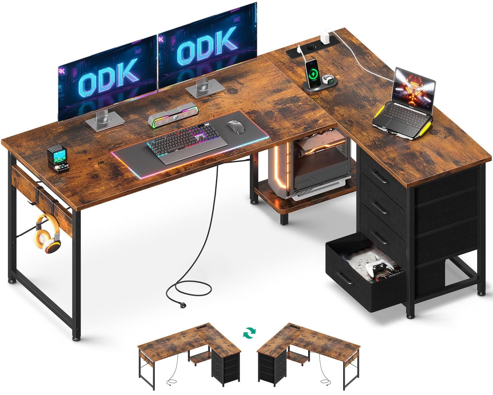 ODK Scrivania Angolare con Cassetti, 155×110 cm Scrivania ad Angolo Reversibile con Prese di Corrente e Porta USB, Scrivania Salvaspazio a L con Spazio di Archiviazione per Ufficio, Marrone Vintage