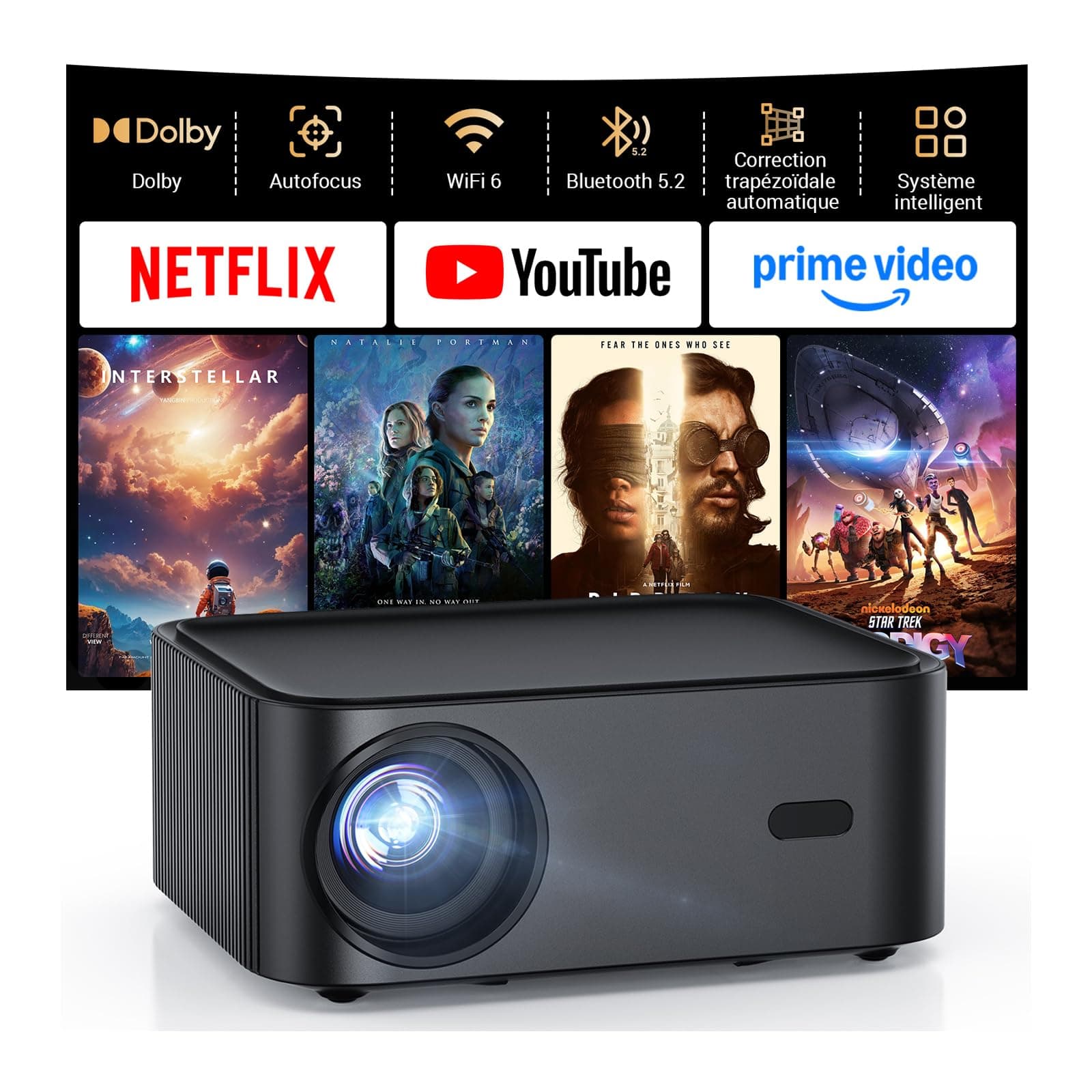 HAPPRUN H11 Vidéoprojecteur 4K Compatible avec Netflix-App, Videoprojecteur avec Haut-Parleur Intégré, Mini Retroprojecteur Compatible Smartphone/HDMI/TV Stick/USB/PS5 pour Maison, Chambre, Extérieur