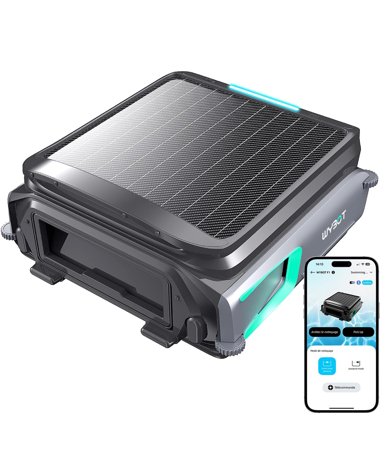 WYBOT F1 Skimmer Piscine Hors Sol Double Énergie (Solaire + Batterie), Nettoie La Surface De L’Eau, Pilotage par App, Fonctionne 24h/24, pour Toutes Piscines – Robot Piscine sans Fil,Vert Olive