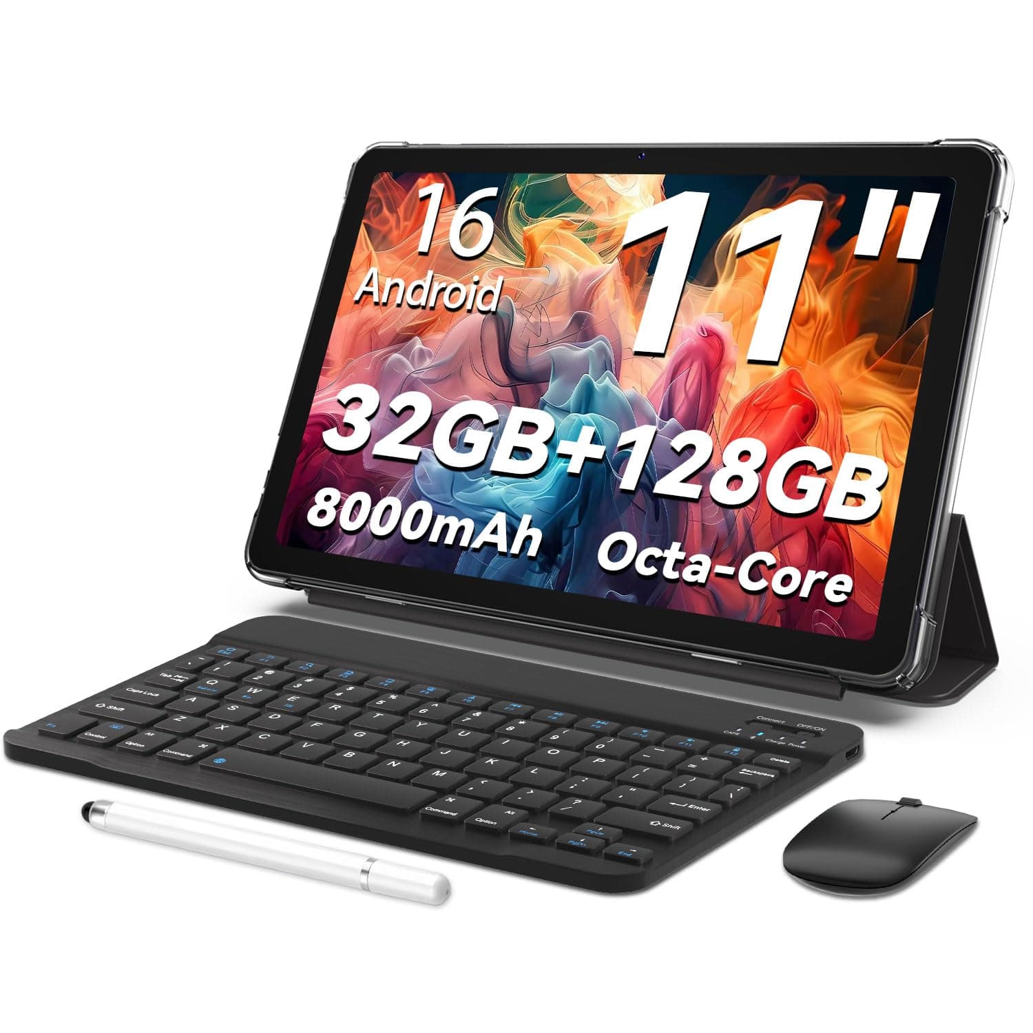 Tablette Android 16,tablette 11 pouces,32 Go + 128 Go extensible à 1 To, pack productivité avec housse clavier, stylet, processeur octa-core, double caméra, WiFi 6, batterie 8000 mAh (Noir)