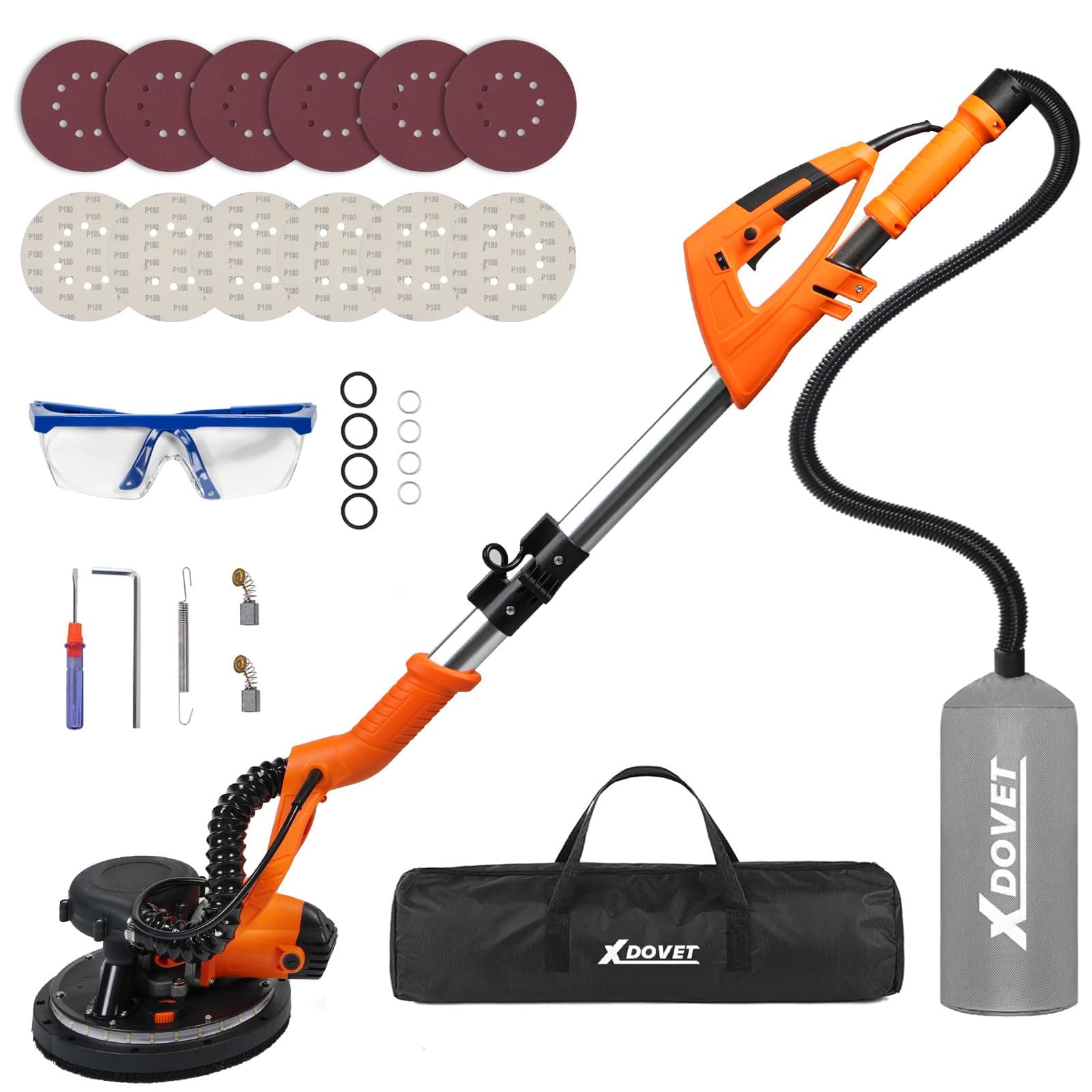 XDOVET Smerigliatrice per cartongesso, 750 W, con connettori sottovuoto a due canali, disco abrasivo da 225 mm, smerigliatrice elettrica con 20 dischi abrasivi, 6 velocità variabili da 800 a 1750 giri