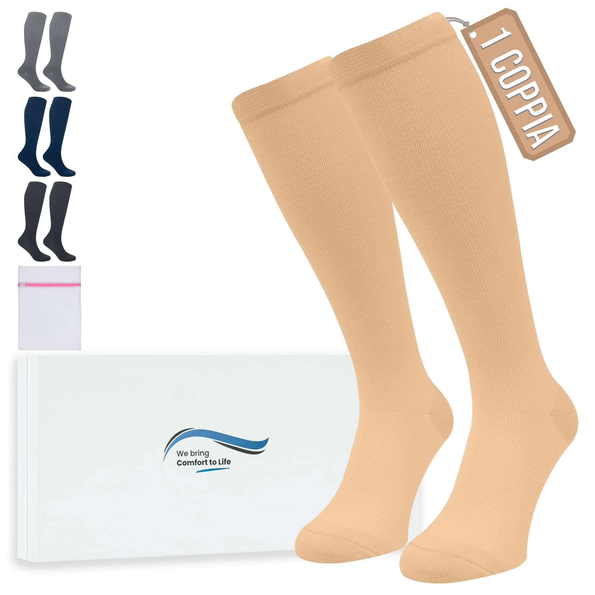360 Relief Calze Compressione Graduata Donna e Uomo - 1 Coppia Solido Colore Gambaletti Compressione Graduata per Sports, Running, Viaggio, Ciclismo, Lavoro - L/XL Beige con Borsa Lavanderia