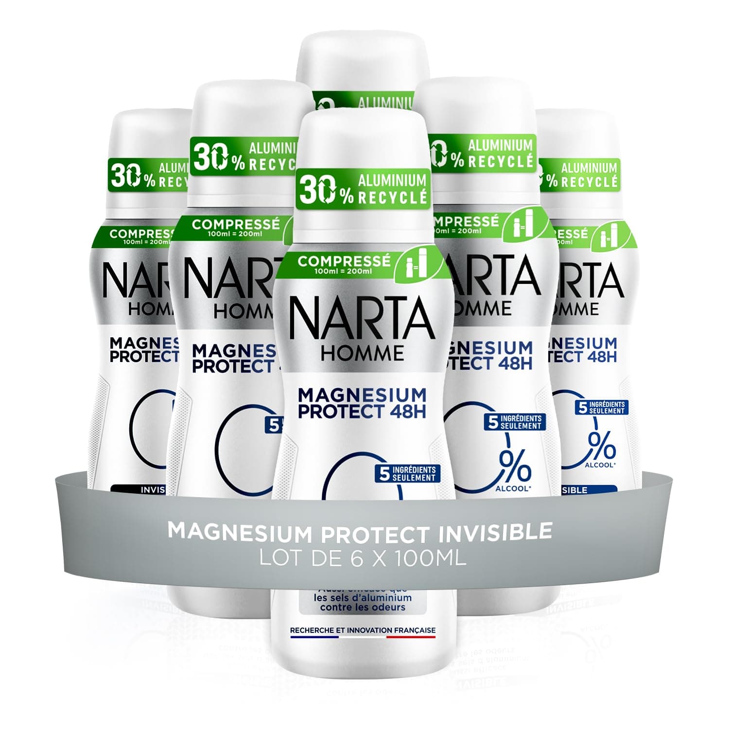 Narta - Déodorant Homme Magnesium Protect Invisible - Spray Compressé - Lot de 6 x 100 ml