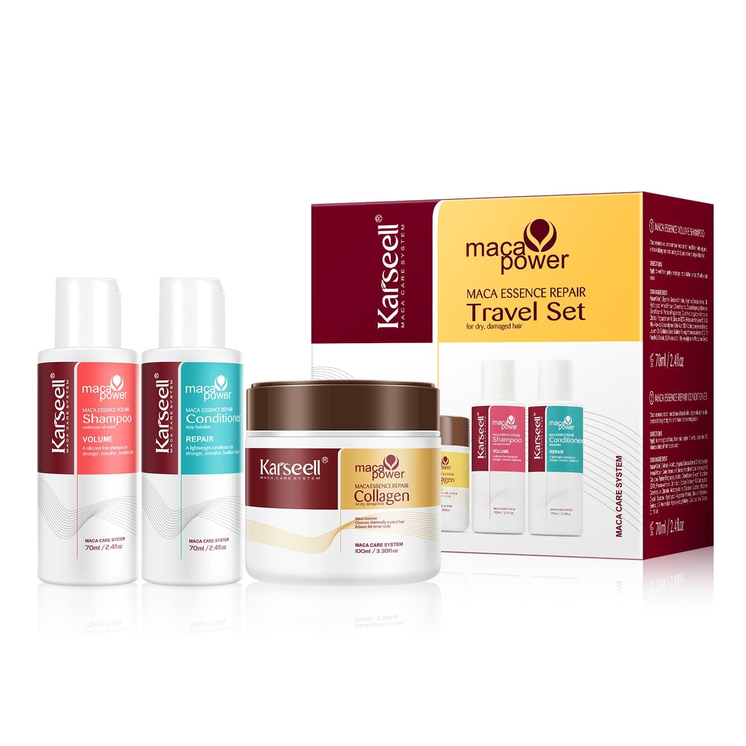 Karseell Tiefenreparatur Haarpflege-Set, Kollagen Haarmaske Shampoo Reparatur Pflegespülung, Reise-Set für Trockenes Geschädigtes Haar Alle Haartypen